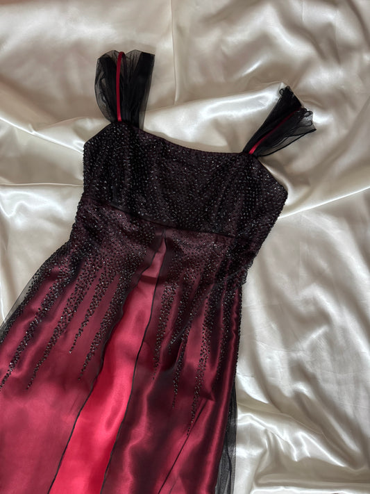 Gorgeous Red & Black Tulle Beaded Gothic Vintage Gown