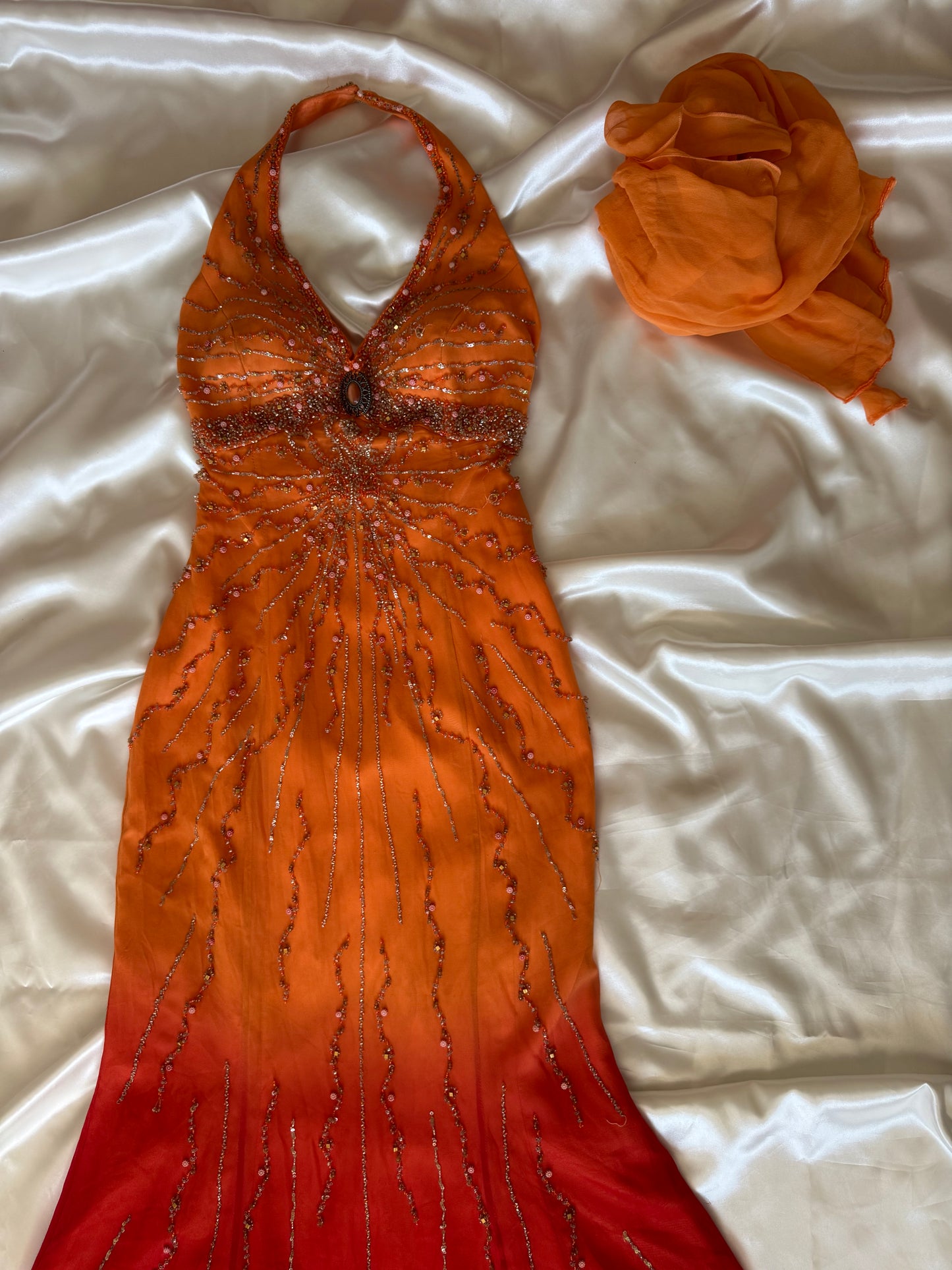 Stunning Beaded Vintage Orange Ombre Silk Dress