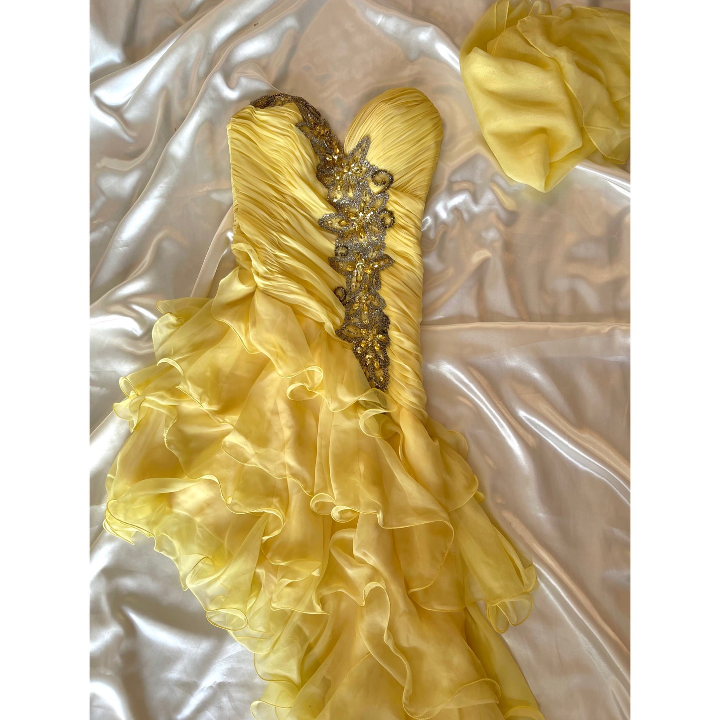 Stunning Asymmetrical Yellow Beaded Vintage Dress