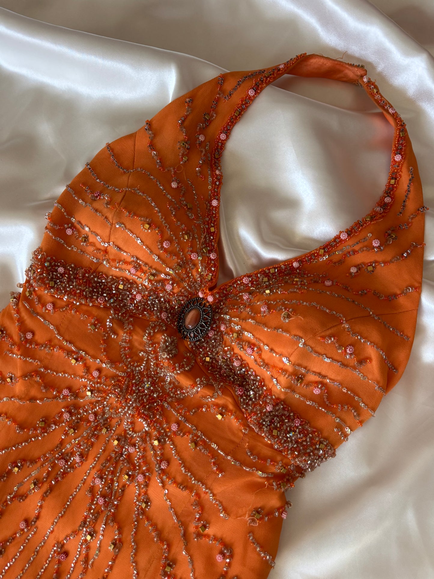 Stunning Beaded Vintage Orange Ombre Silk Dress
