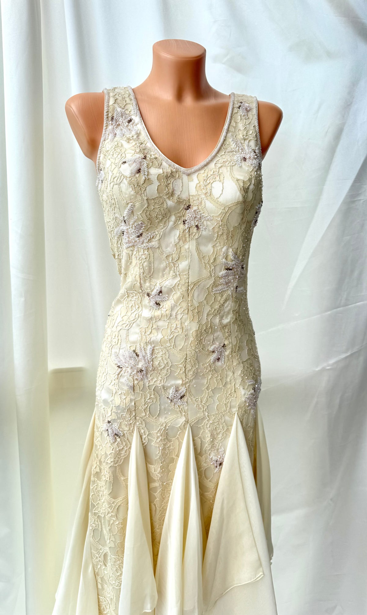 Cream Beaded Vintage Ruffle Dress