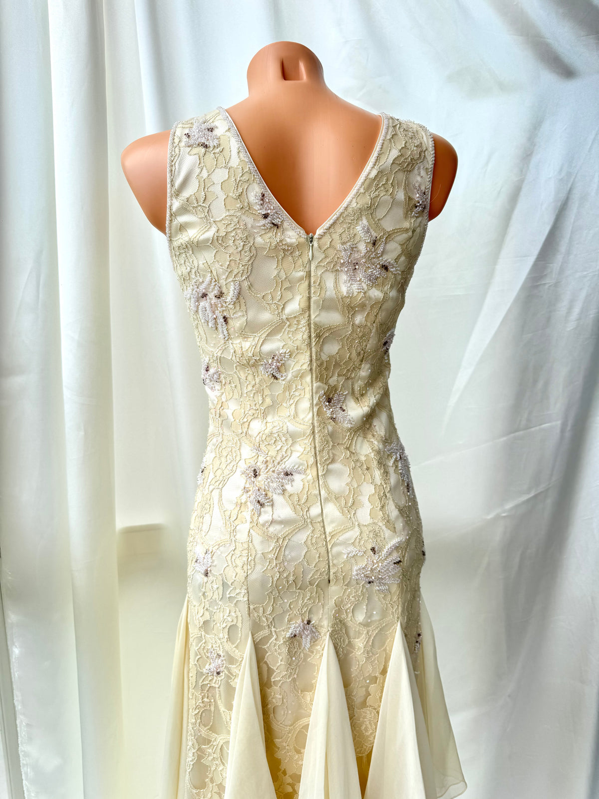 Cream Beaded Vintage Ruffle Dress