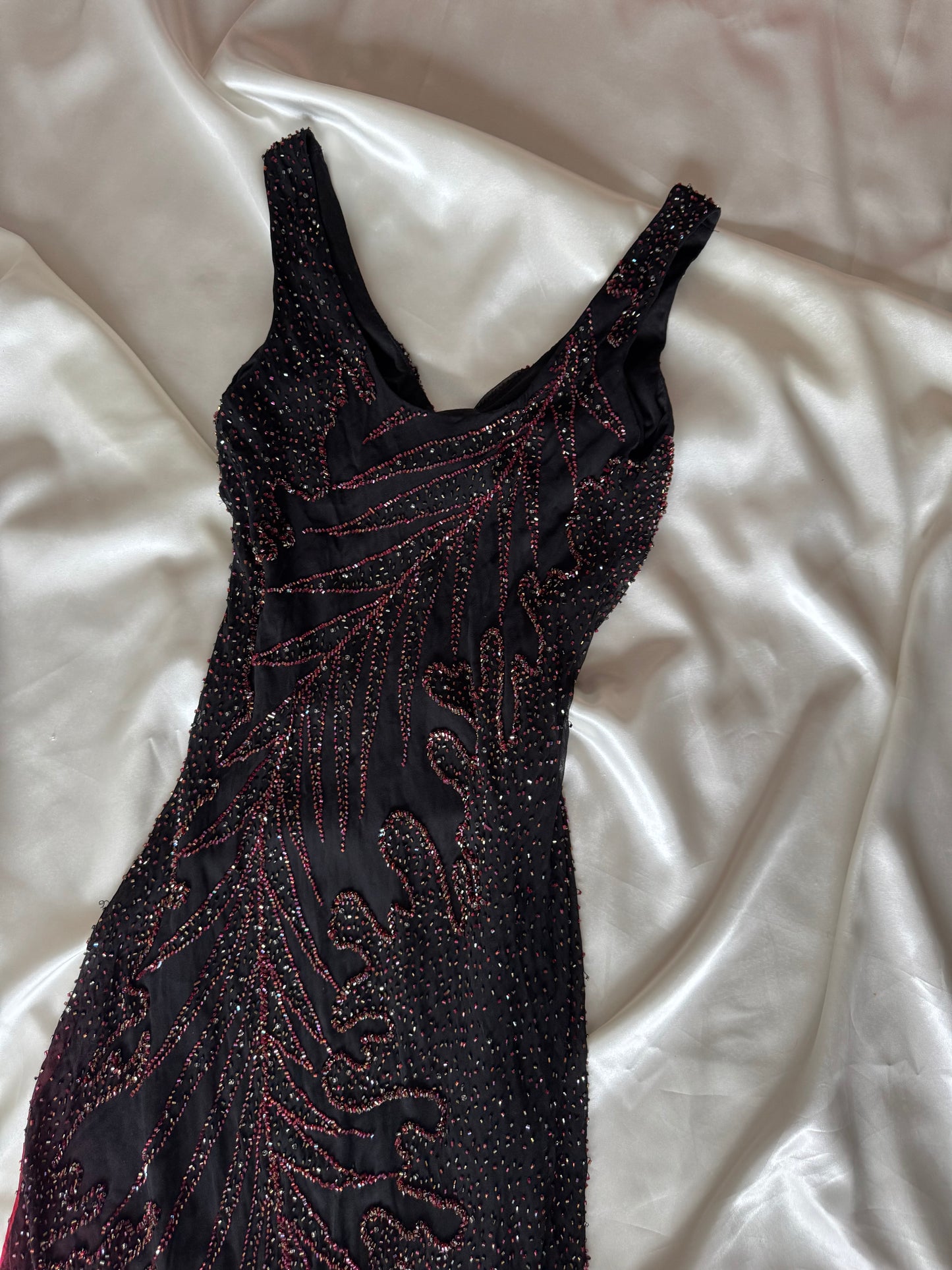 Long Black & Red Silk Beaded Vintage Dress