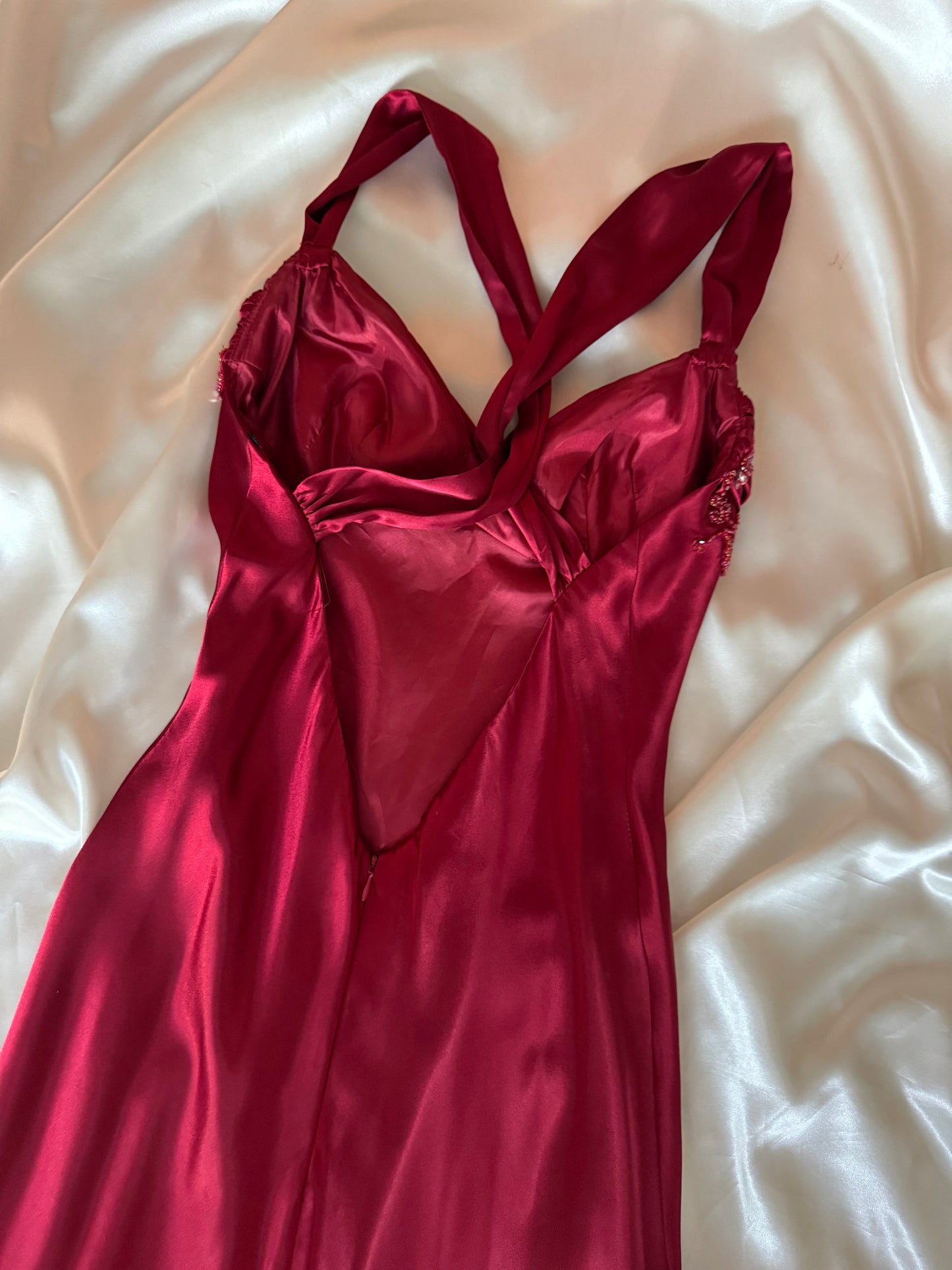 Red Vampy Long Vintage Satin Beaded Gown