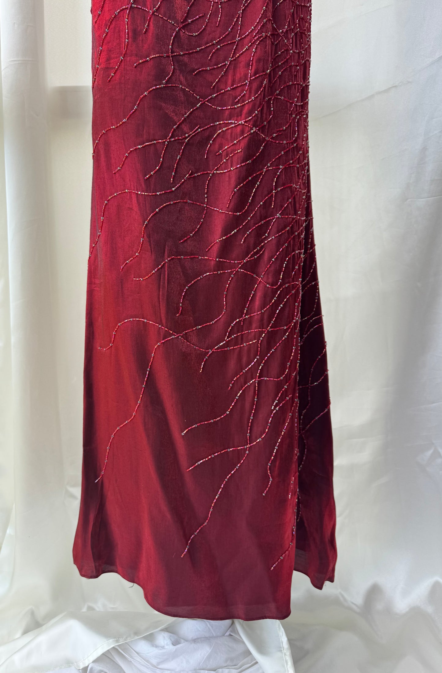 Red Flame Vampy Long Vintage Satin Beaded Gown
