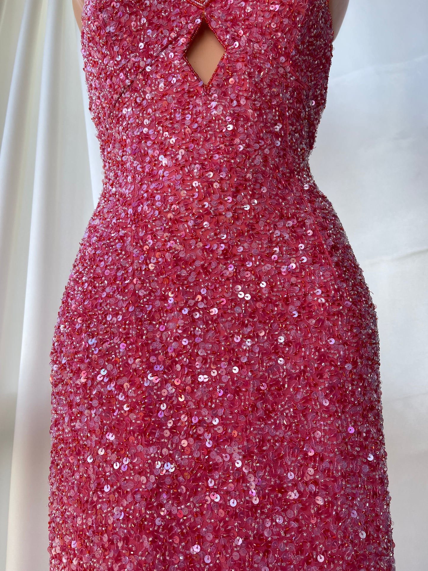 Vintage Long Pink Halter Neck Beaded Dress