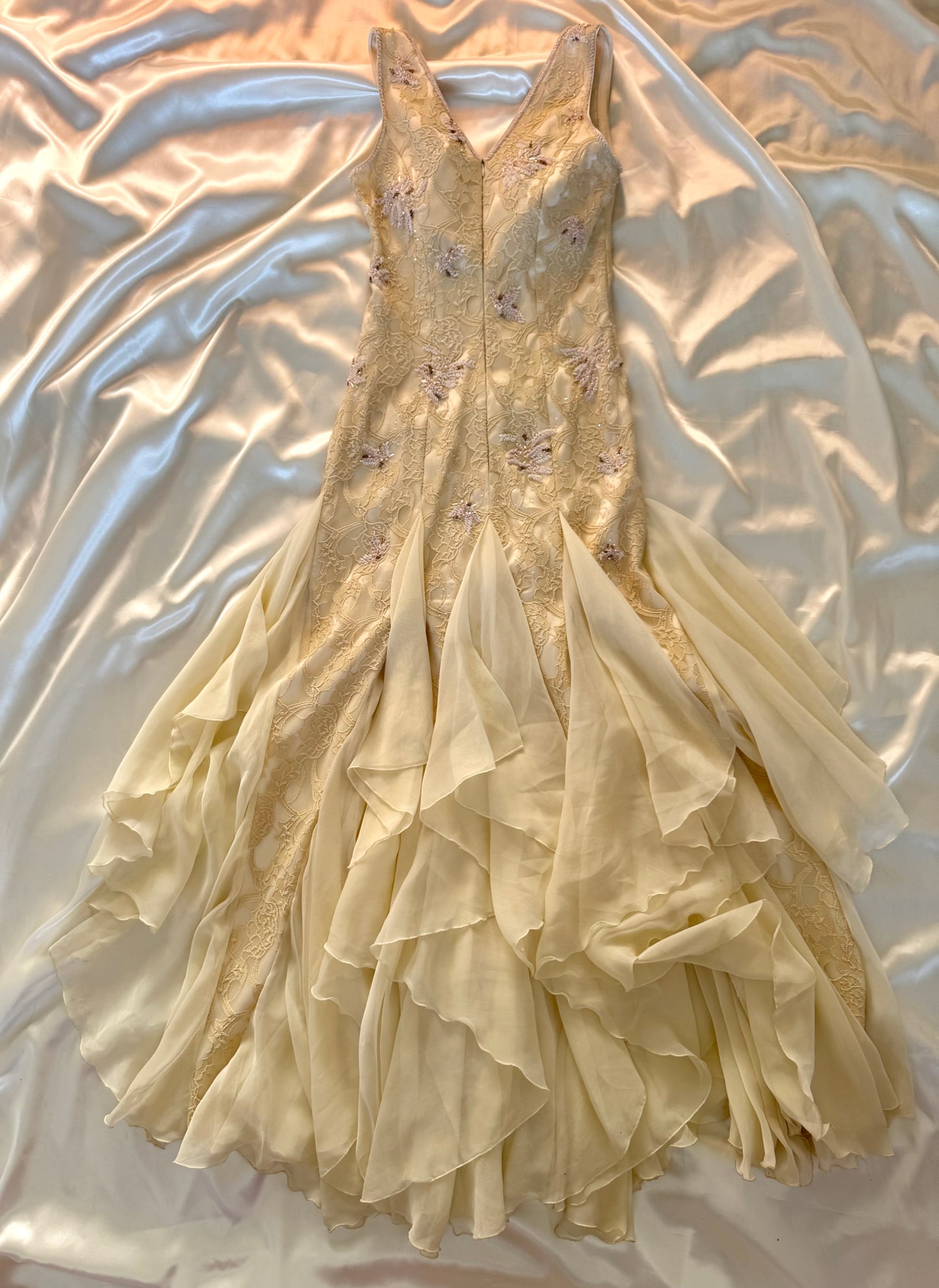 Cream Beaded Vintage Ruffle Dress