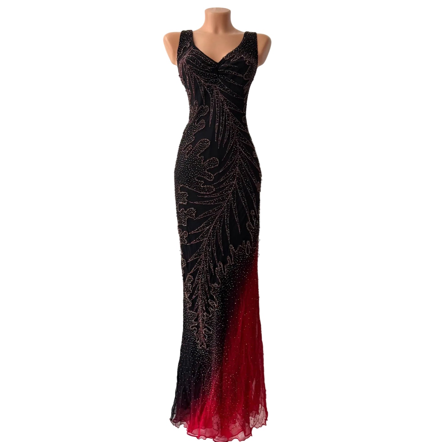 Long Black & Red Silk Beaded Vintage Dress
