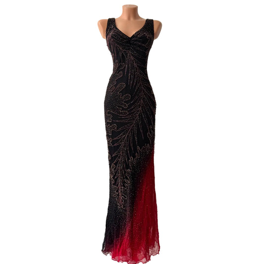 Long Black & Red Silk Beaded Vintage Dress