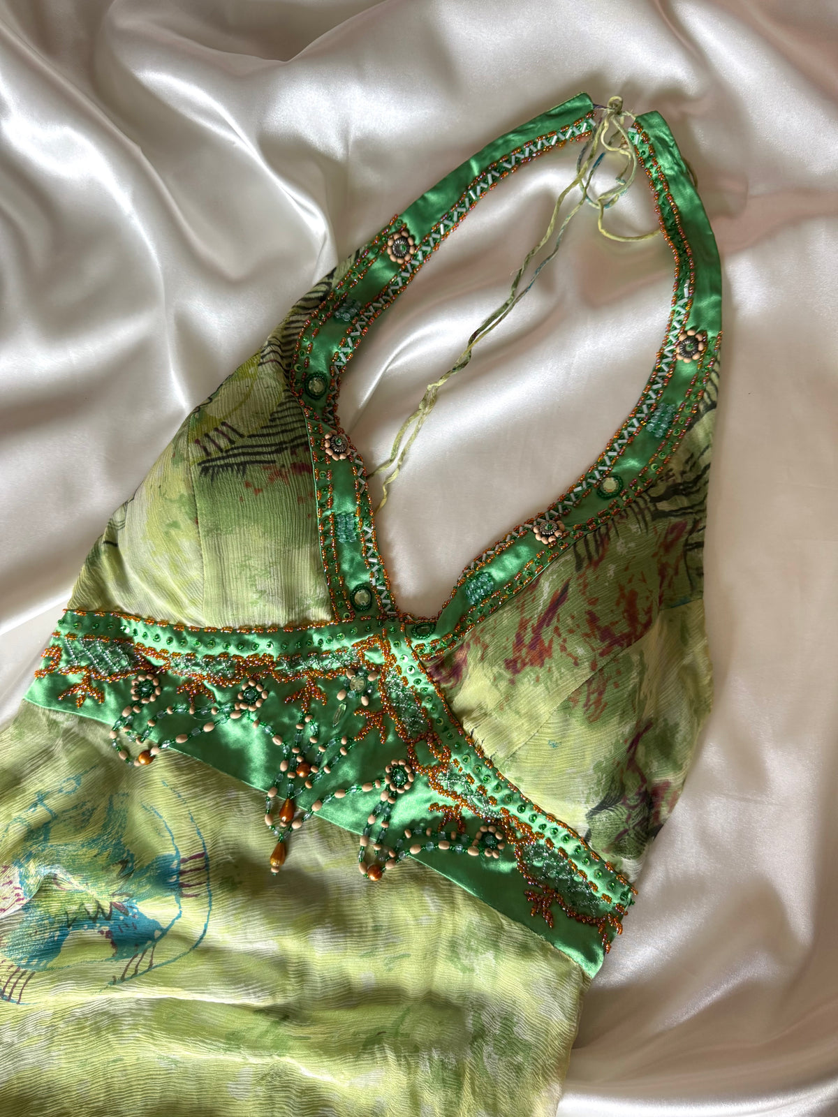 Green Silk Beaded Vintage Dress