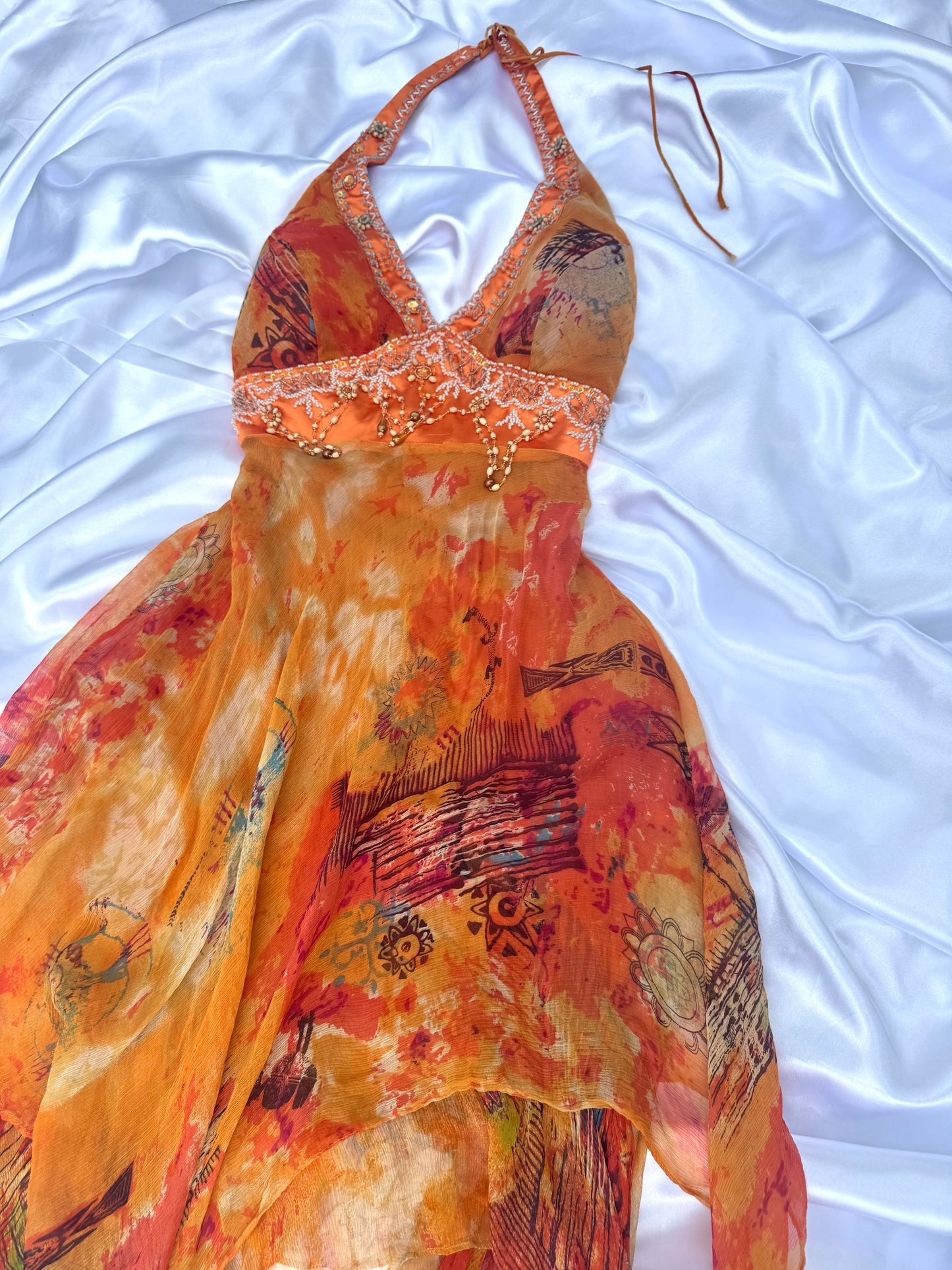 Orange Silk Beaded Vintage Dress