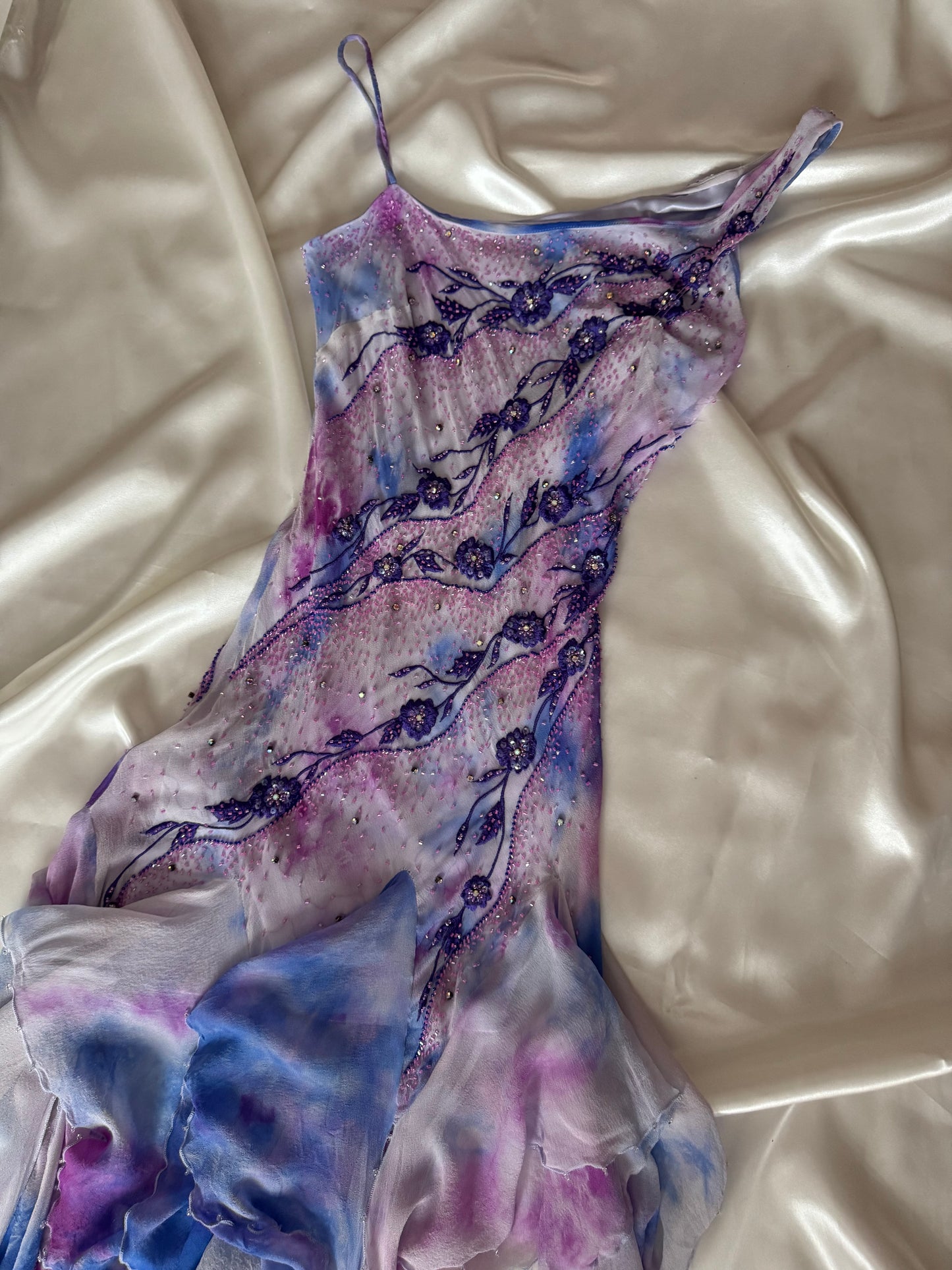 Vintage Frill Skirt Purple and White Beaded Silk Dress