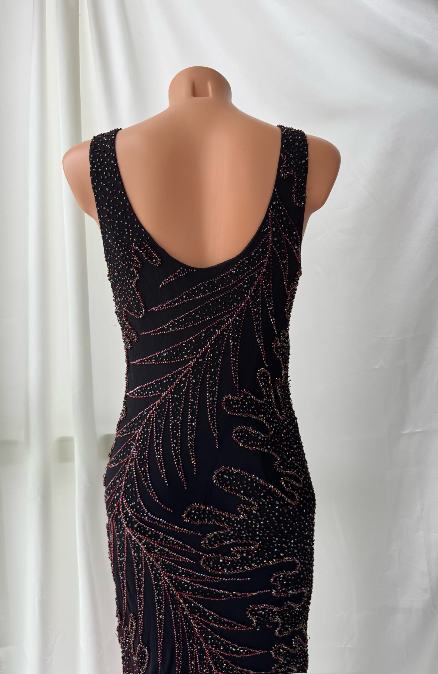 Long Black & Red Silk Beaded Vintage Dress
