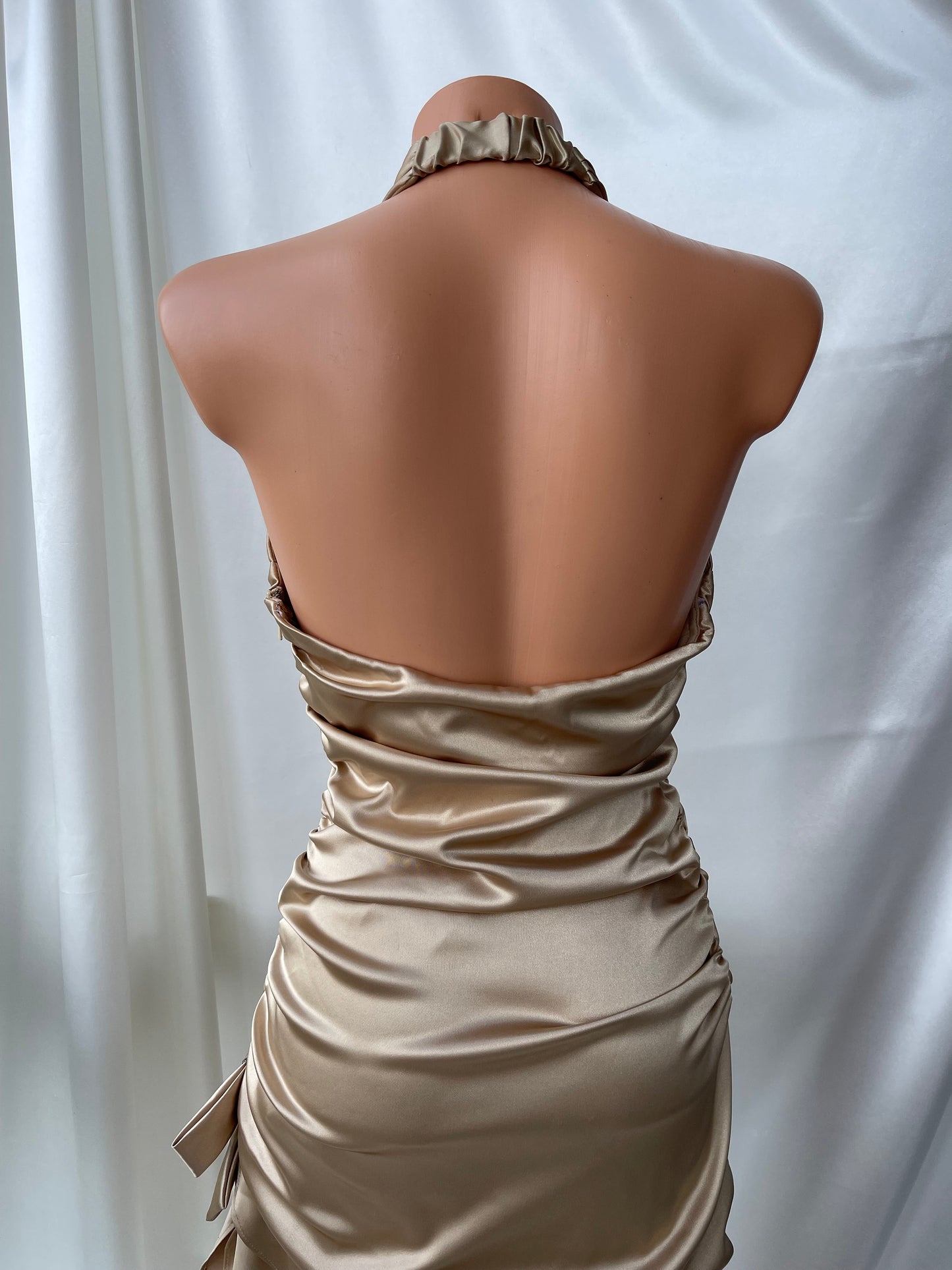 Beautiful Champagne Satin Side Rutched Vintage Dress