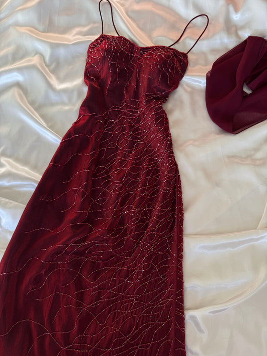 Red Flame Vampy Long Vintage Satin Beaded Gown
