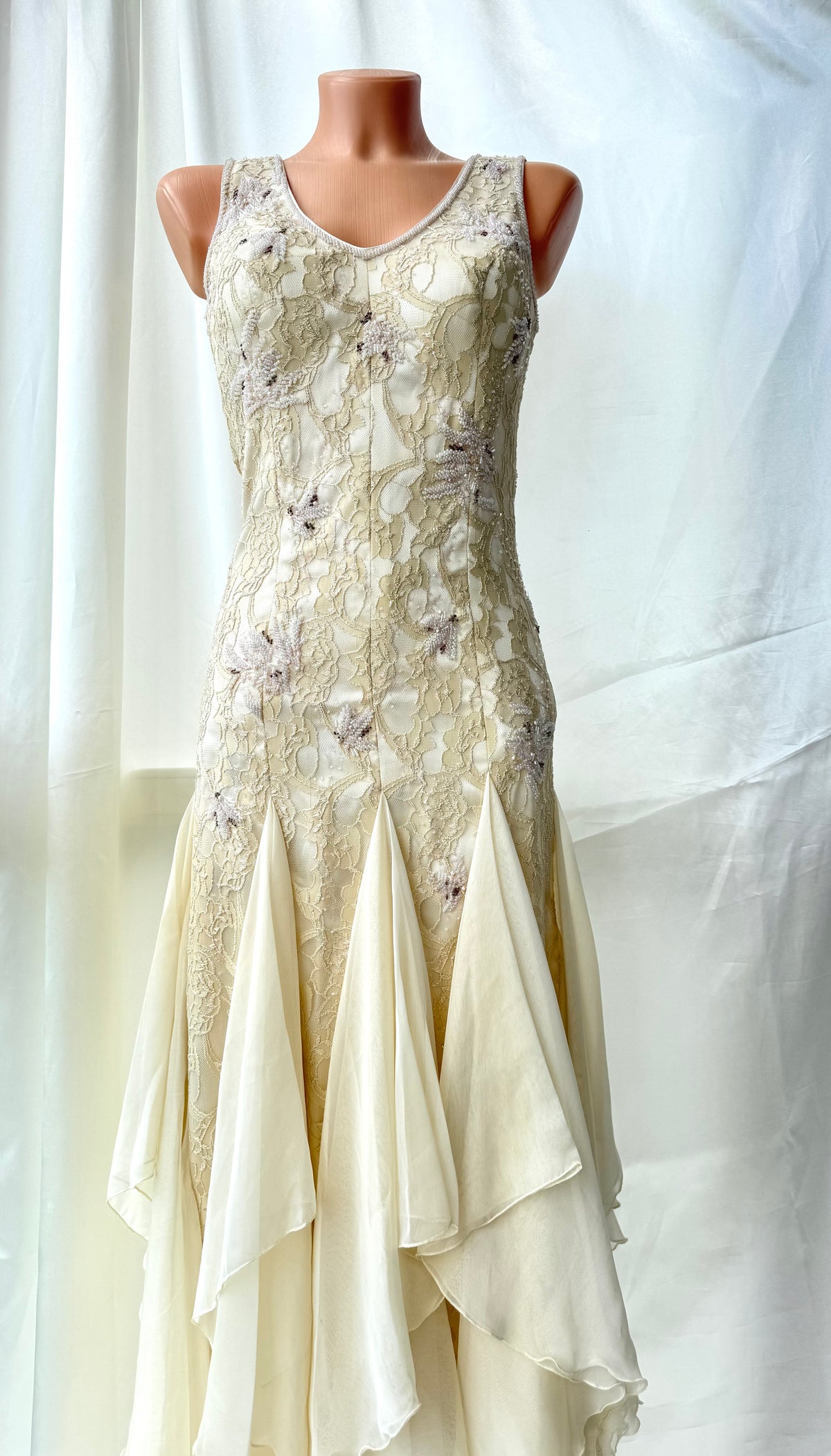 Cream Beaded Vintage Ruffle Dress
