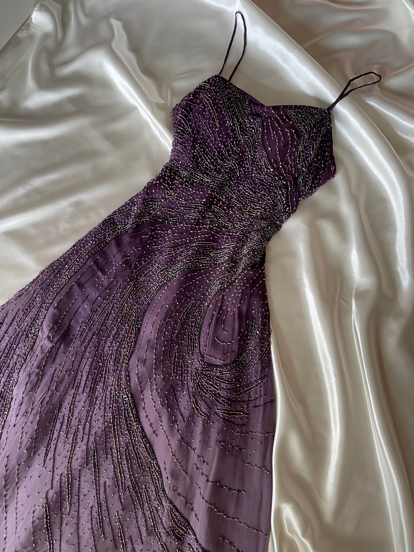 Vintage Long Purple Beaded Silk Dress