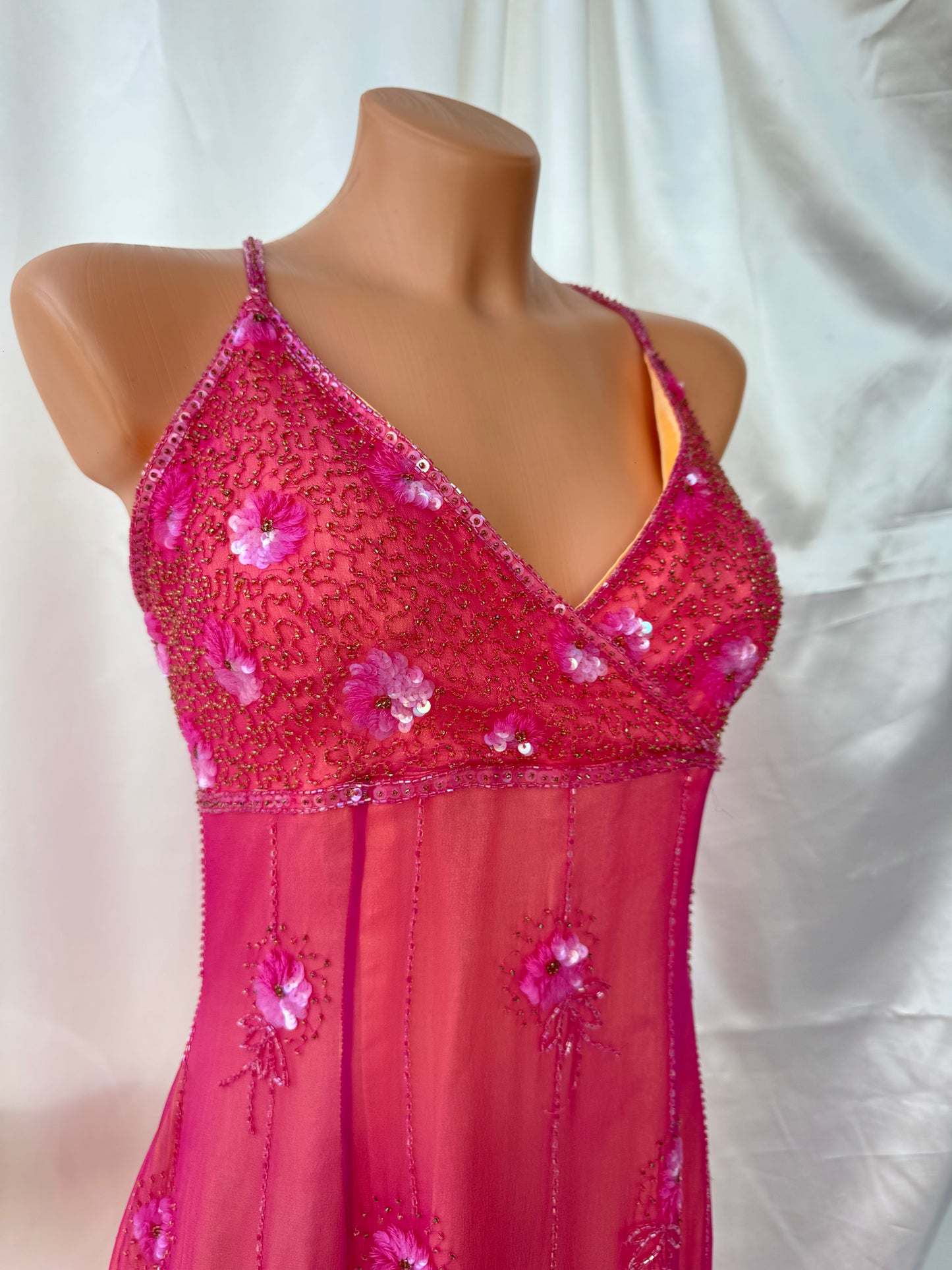 Stunning Beaded Vintage Pink Flower Silk Dress