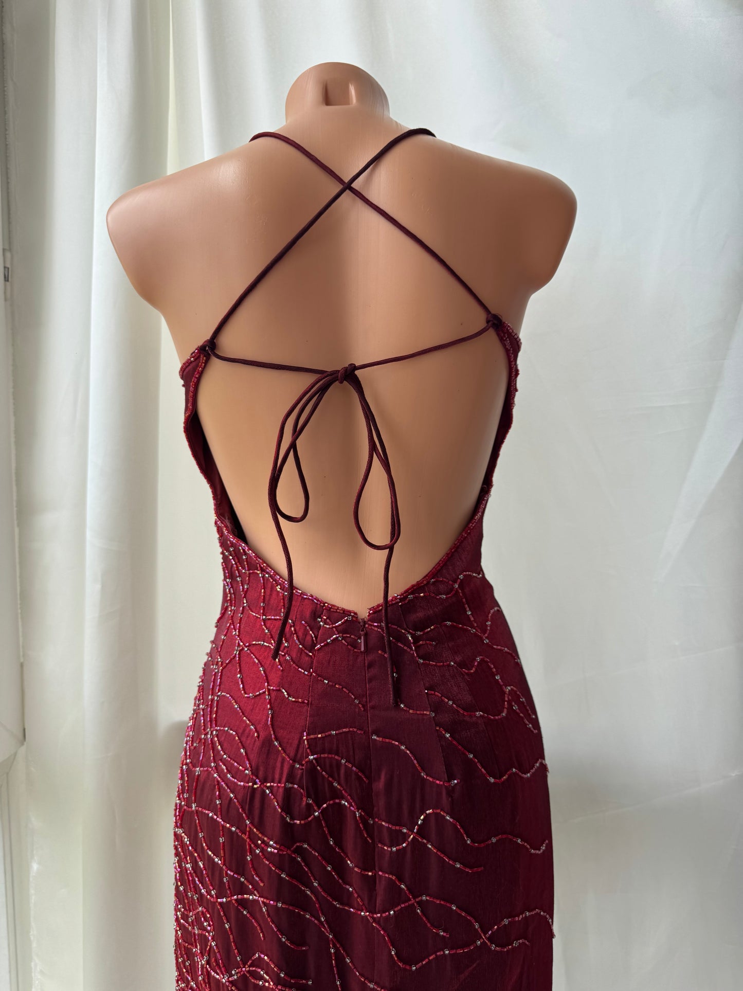 Red Flame Vampy Long Vintage Satin Beaded Gown