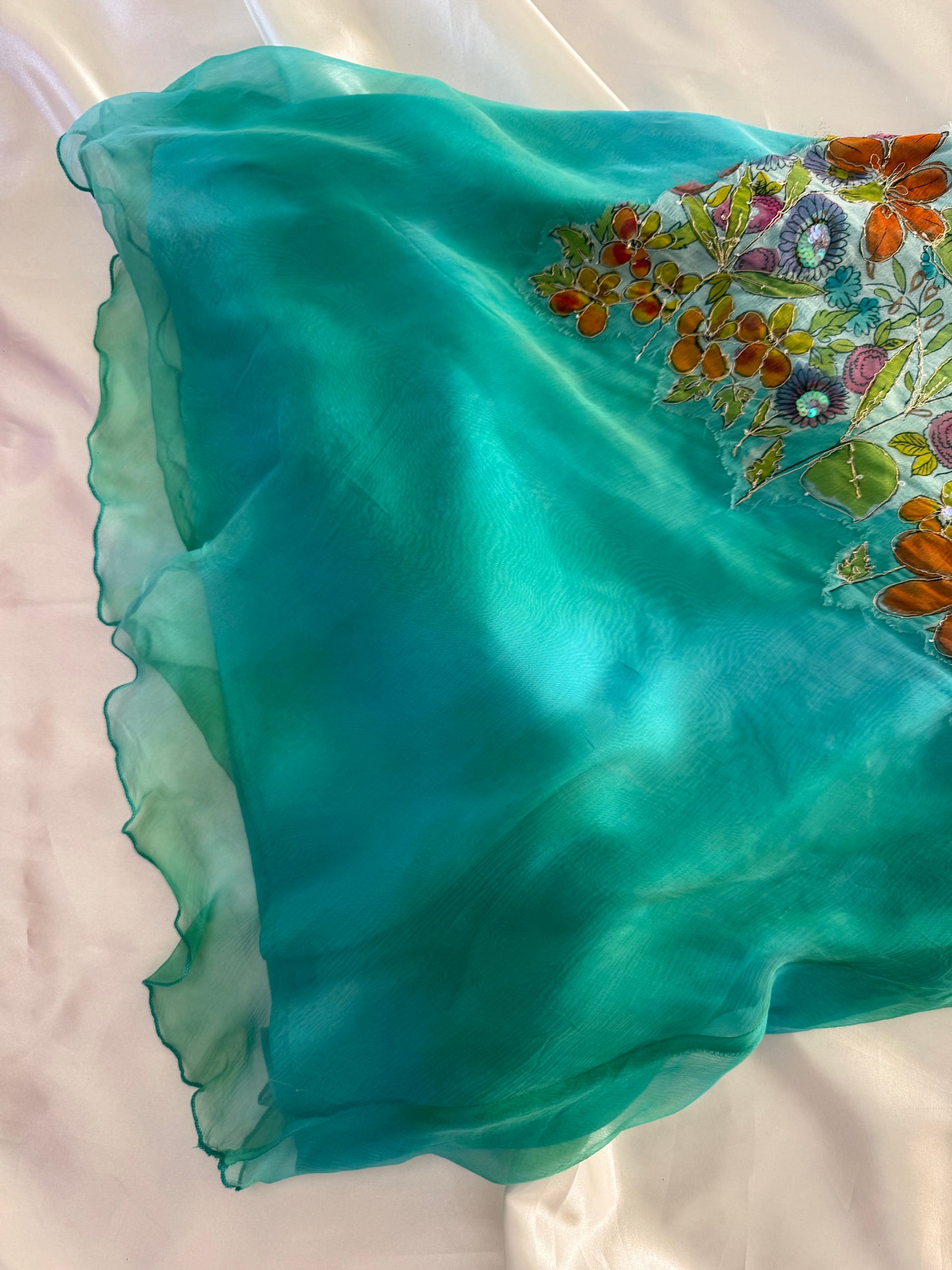 Flowy Green Blue Silk Skirt Set