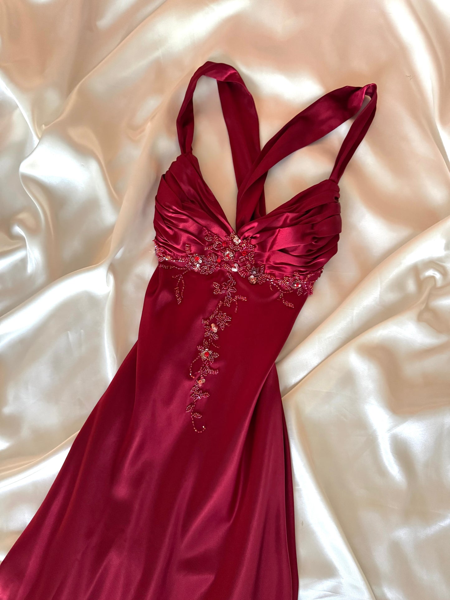 Red Vampy Long Vintage Satin Beaded Gown