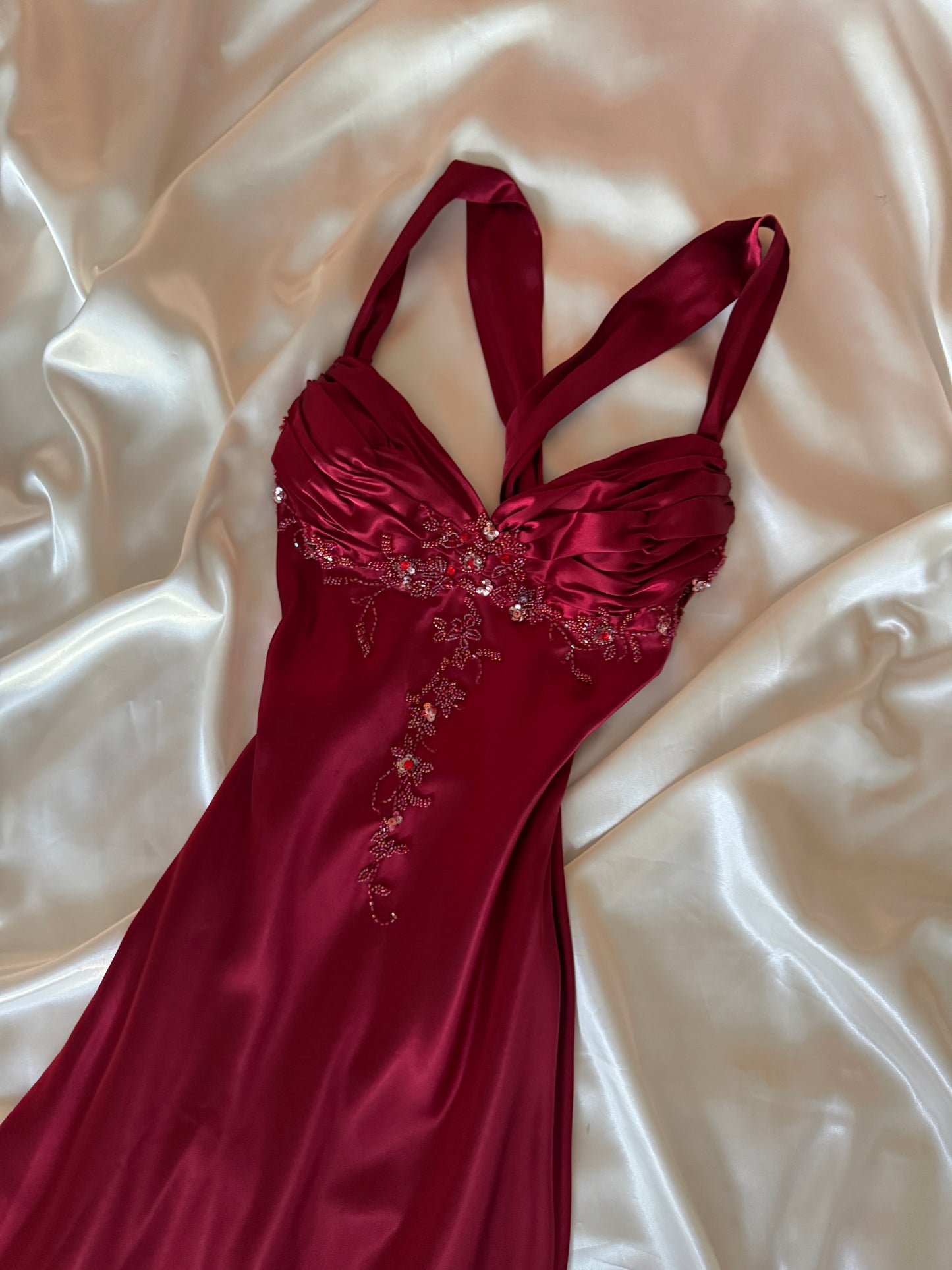 Red Vampy Long Vintage Satin Beaded Gown