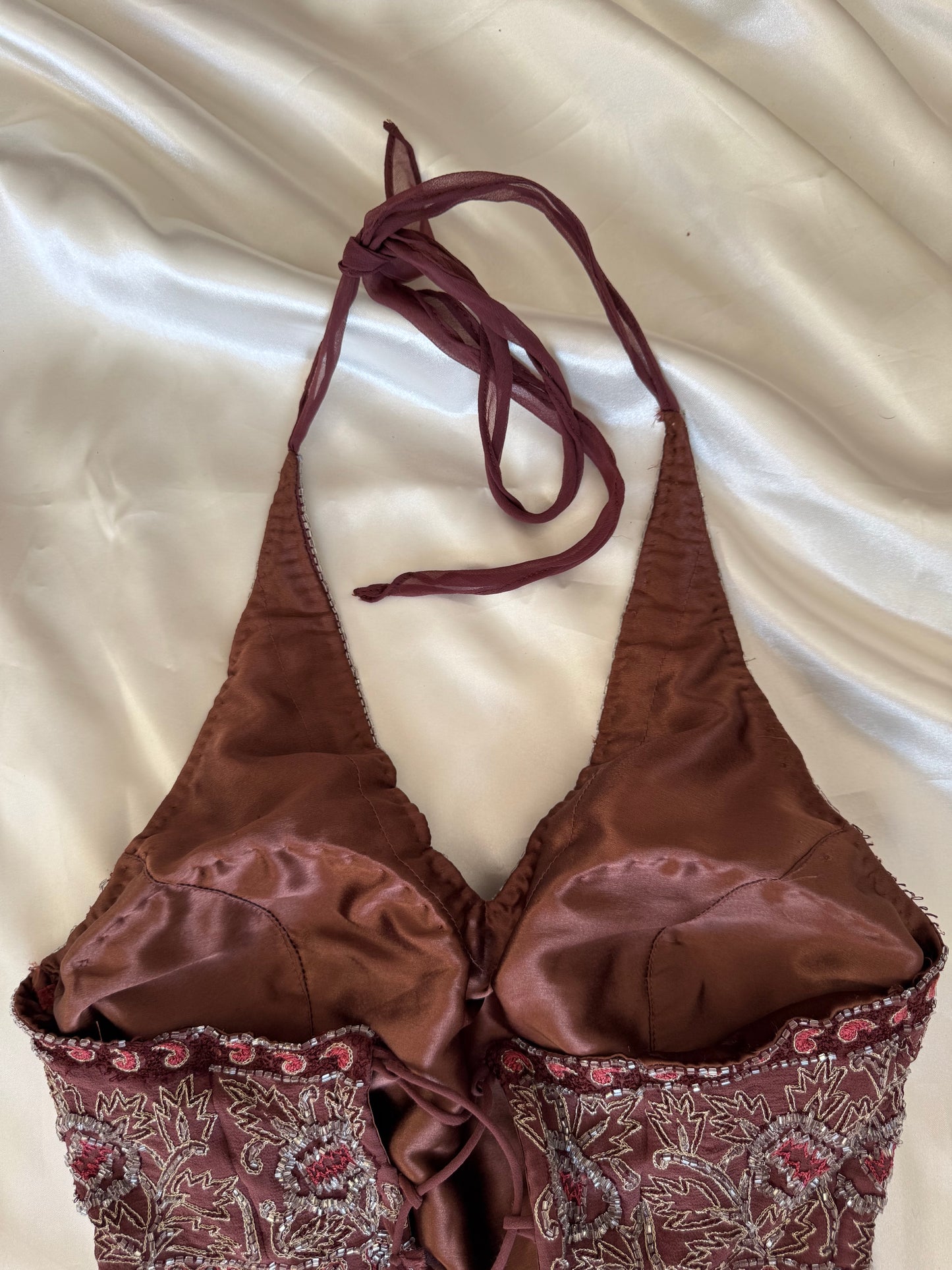 Brown Beaded Silk Vintage Top