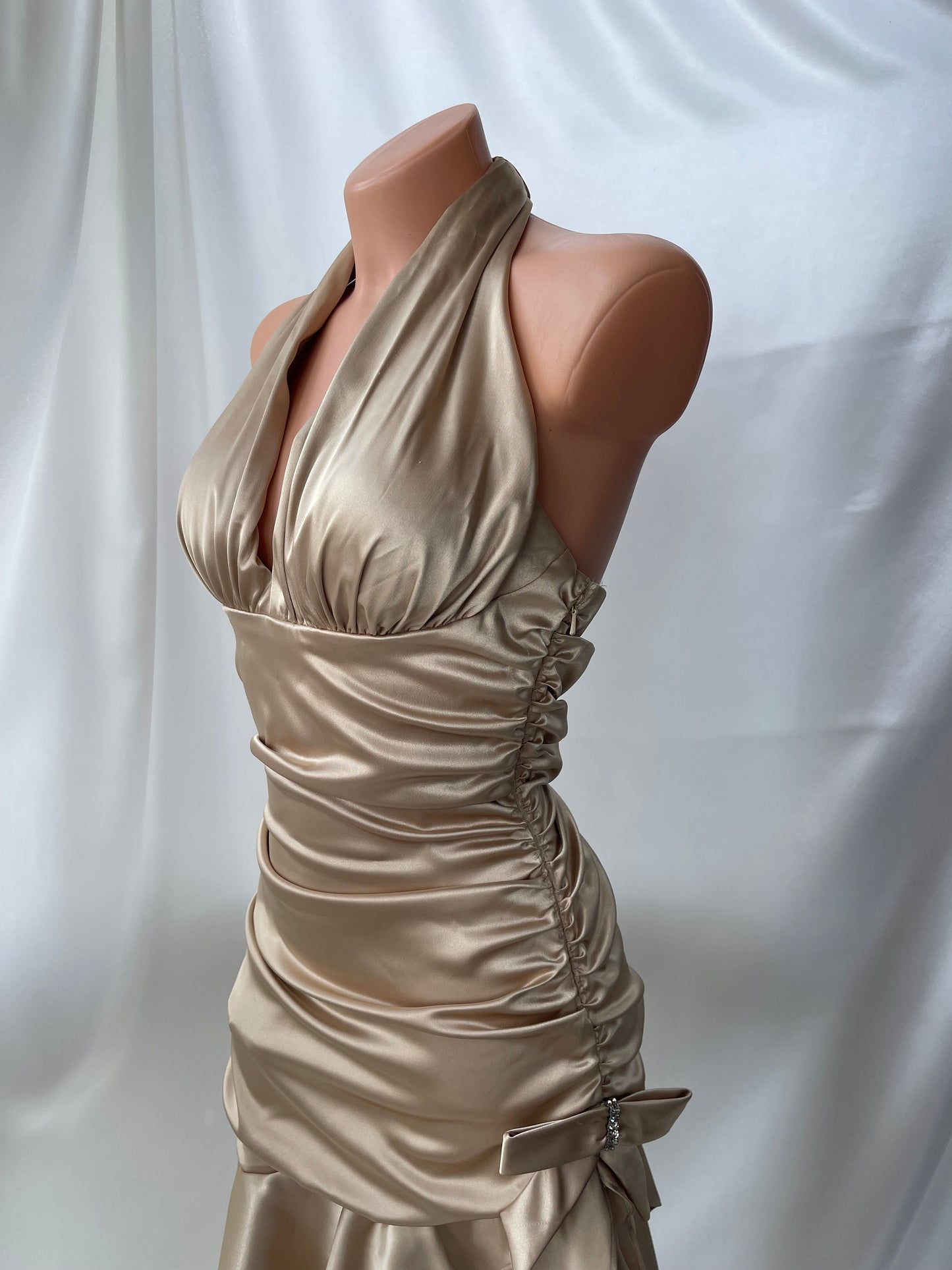 Beautiful Champagne Satin Side Rutched Vintage Dress