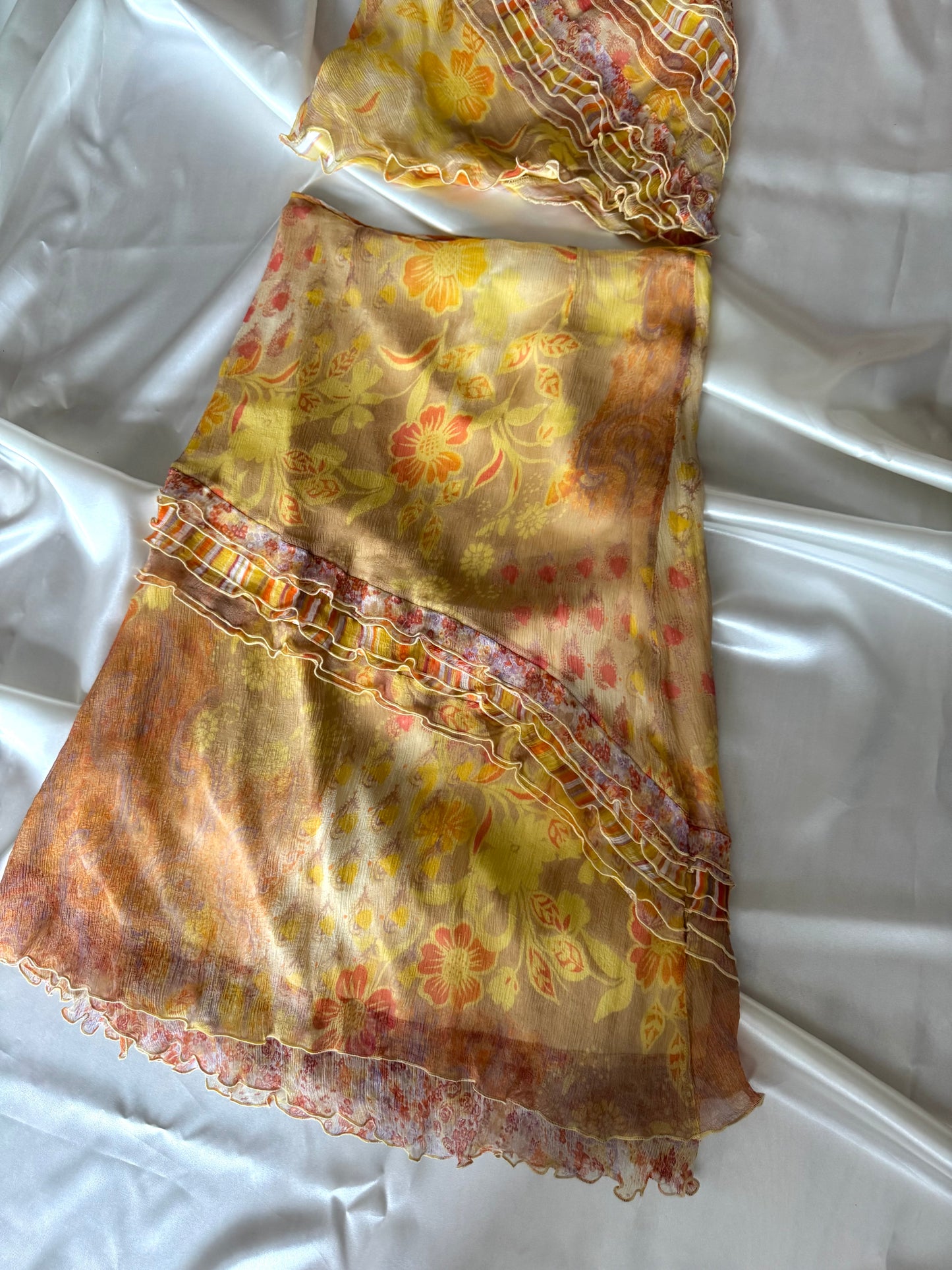Vintage Yellow Floral & Striped Silk Skirt Set