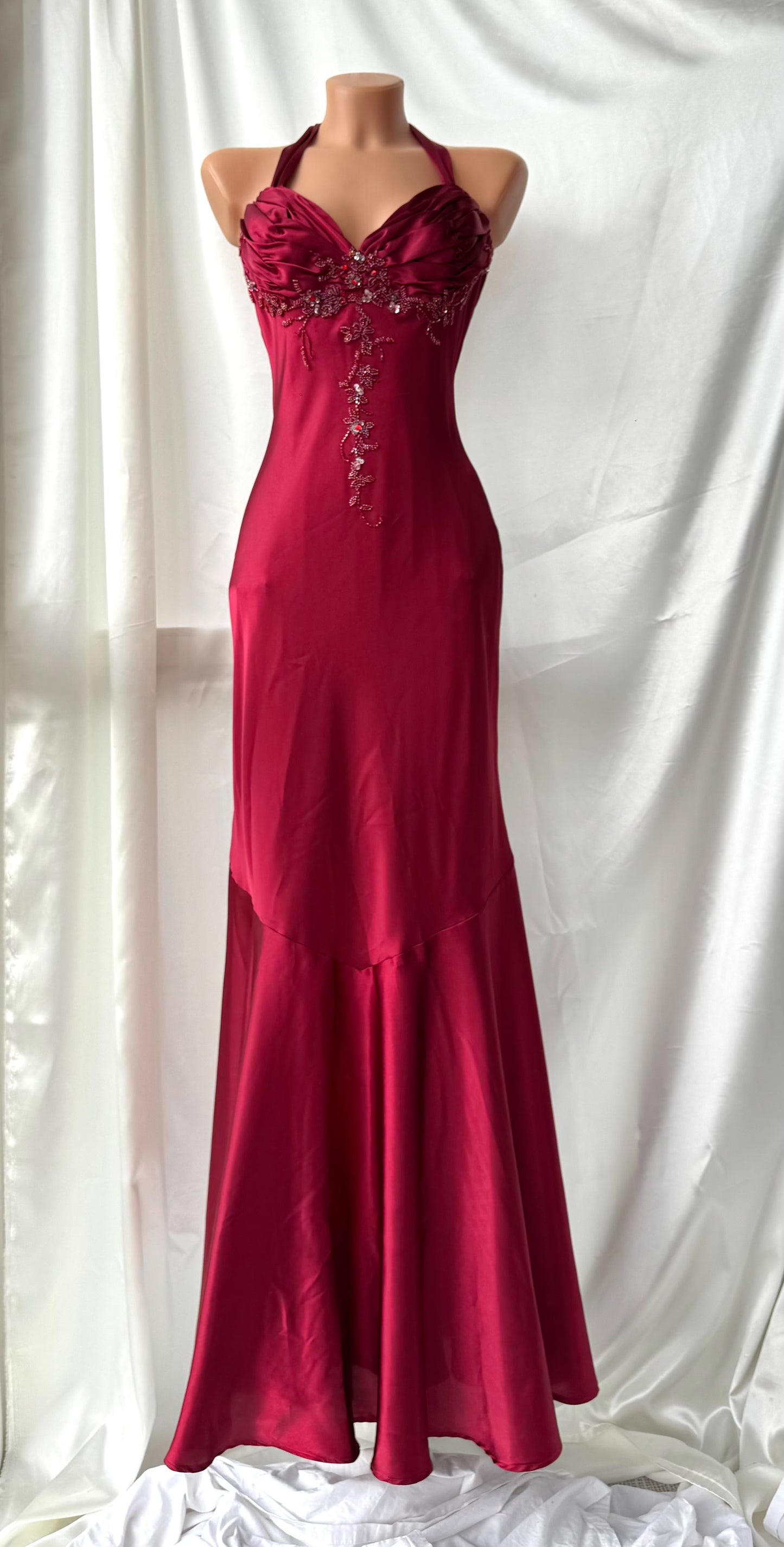 Red Vampy Long Vintage Satin Beaded Gown