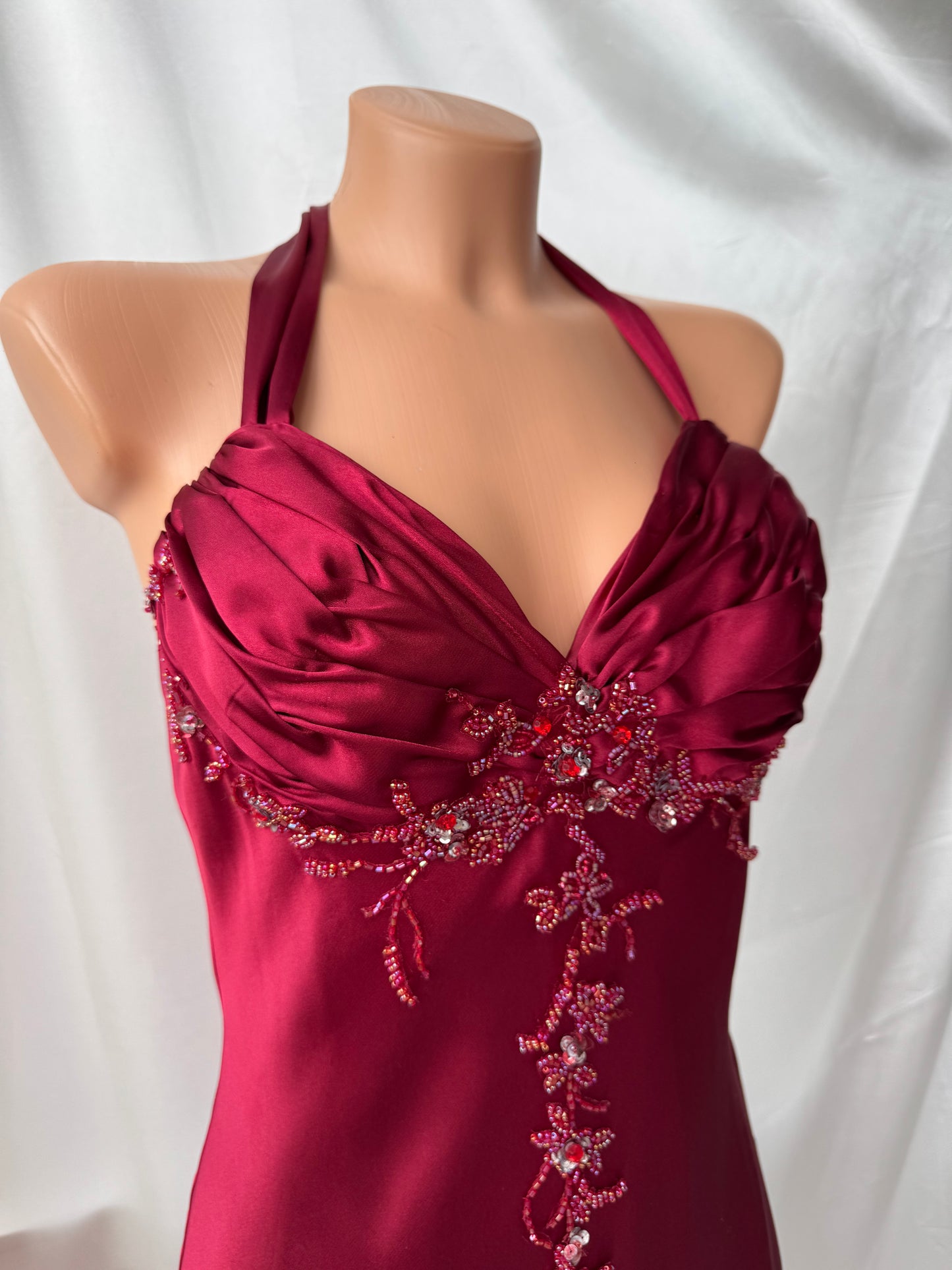 Red Vampy Long Vintage Satin Beaded Gown