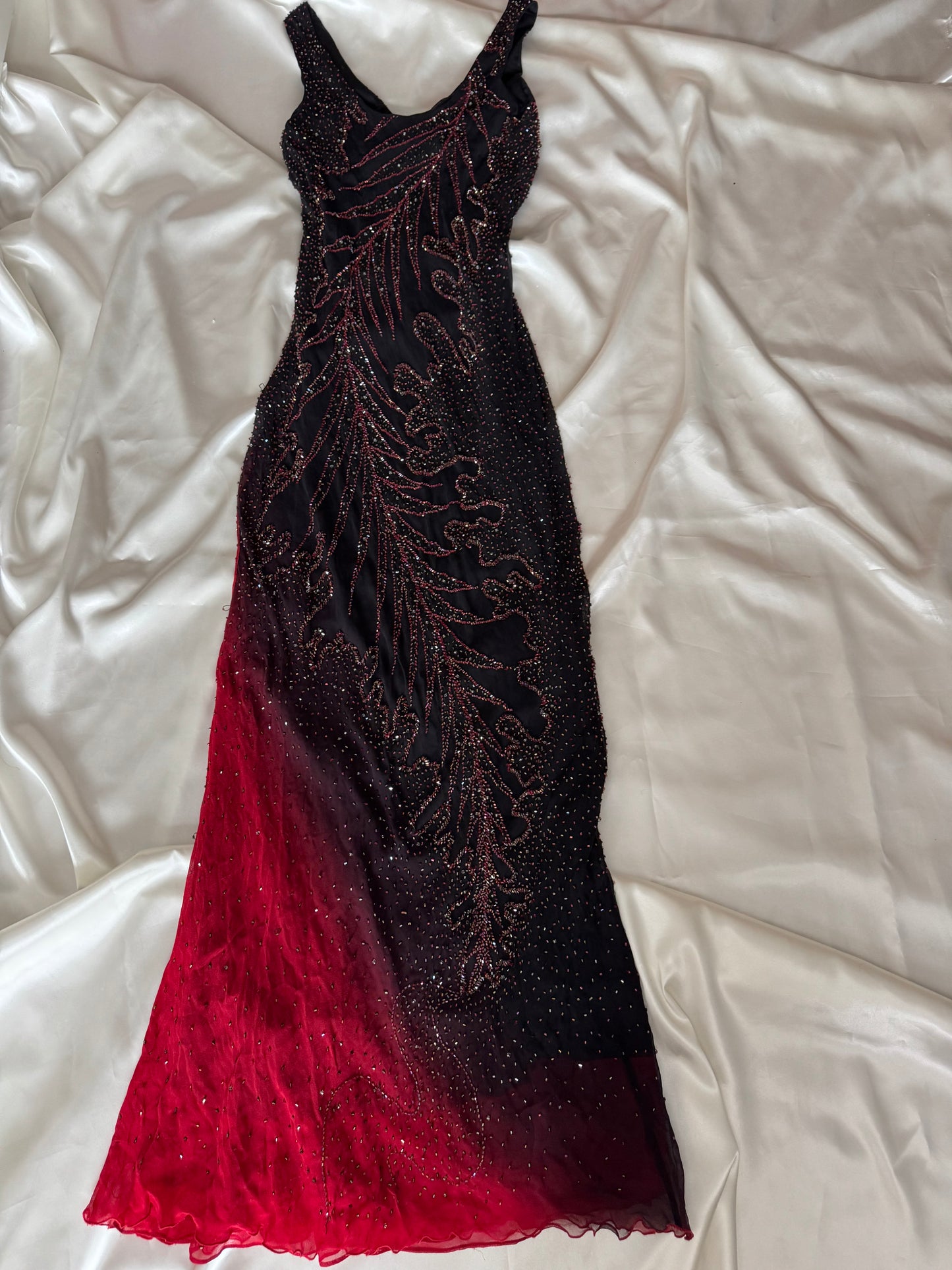 Long Black & Red Silk Beaded Vintage Dress