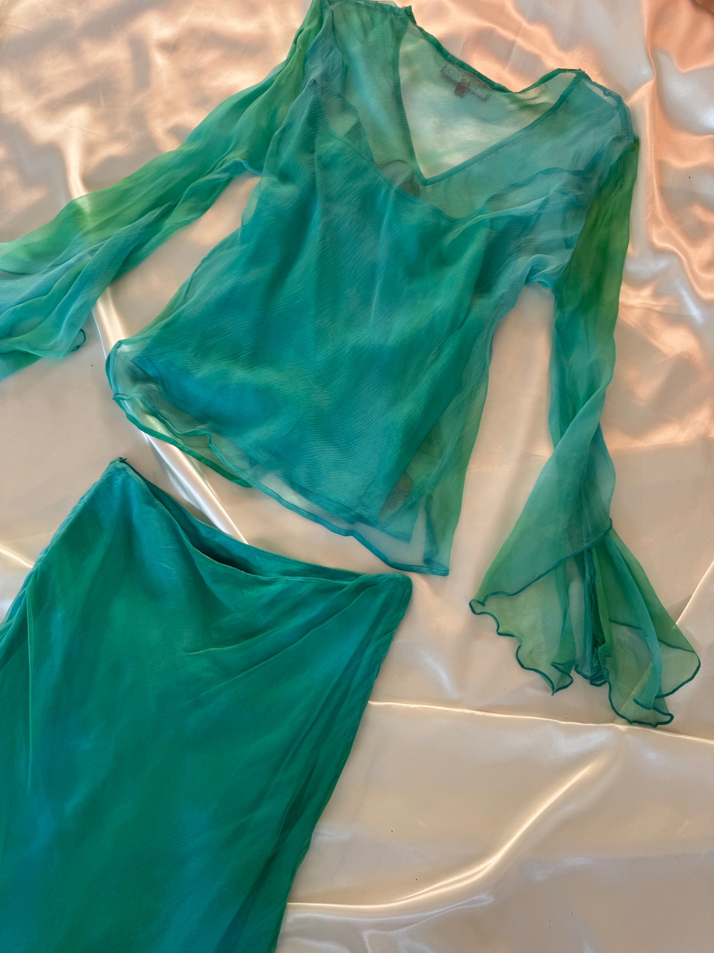 Flowy Green Blue Silk Skirt Set