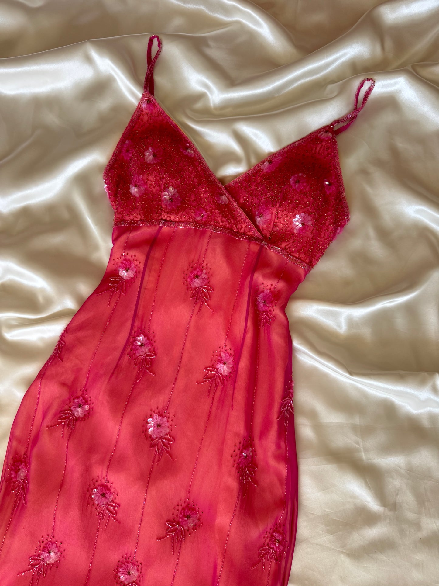 Stunning Beaded Vintage Pink Flower Silk Dress