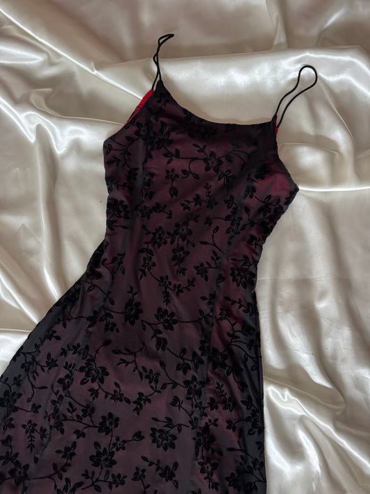 Red & Black Floral Velvet Gothic Vintage Dress