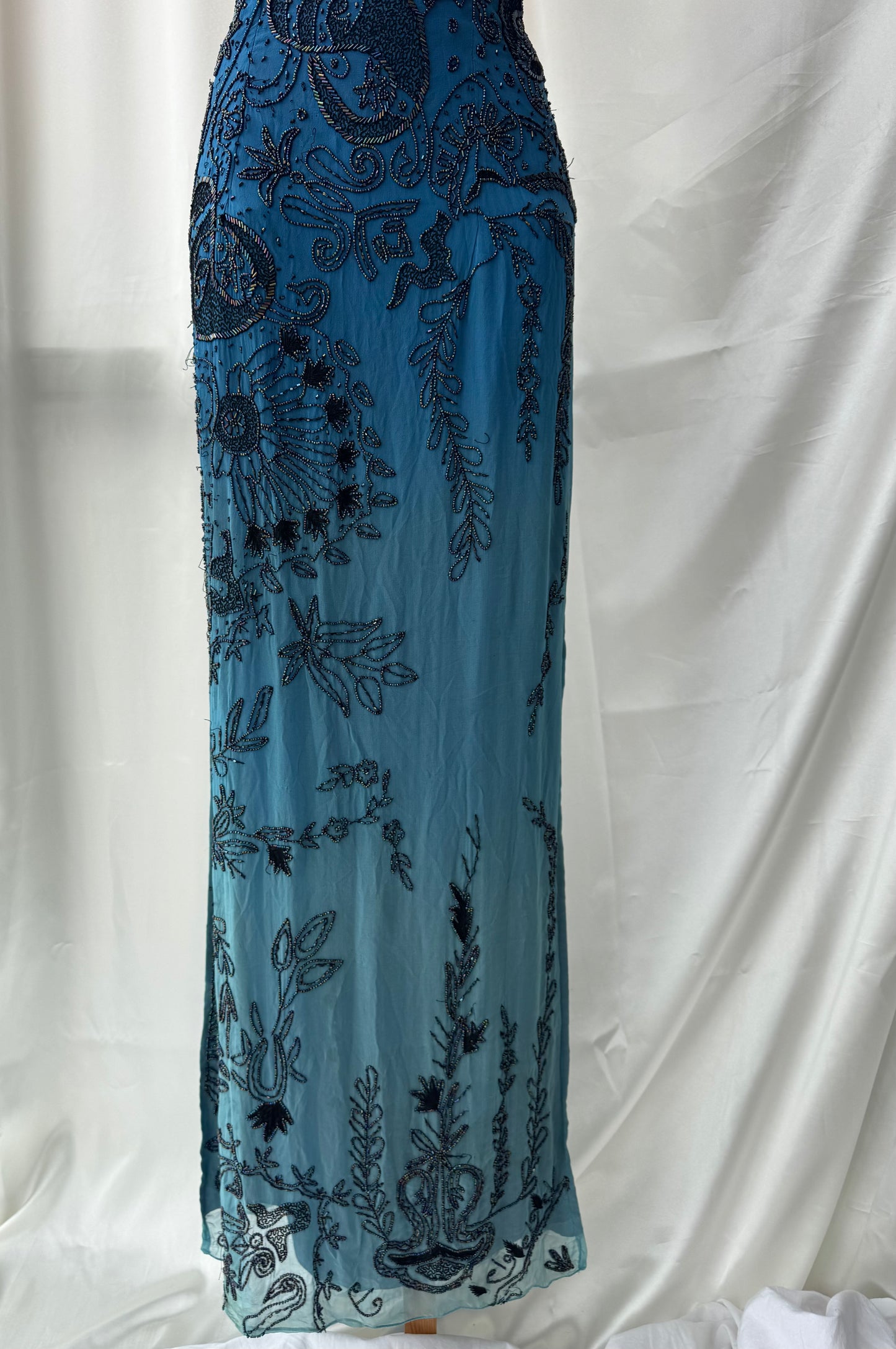 Spectacular Blue Maxi Silk Beaded Vintage Dress