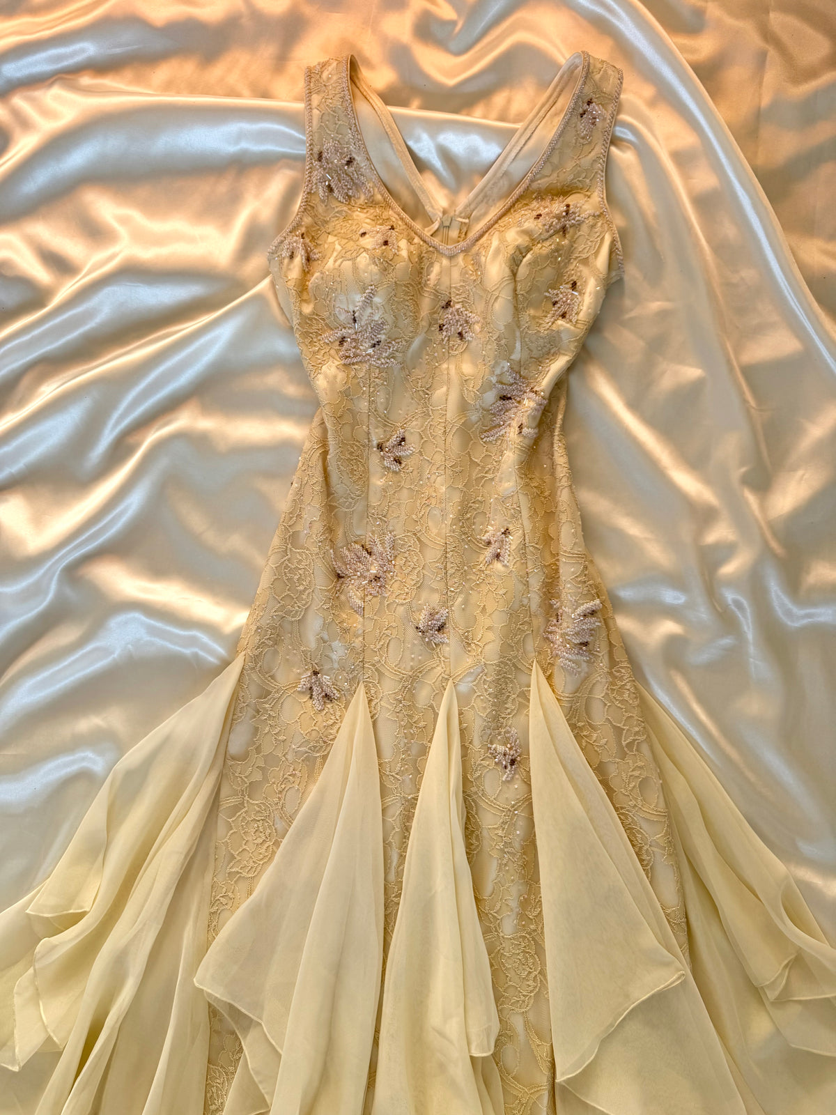 Cream Beaded Vintage Ruffle Dress
