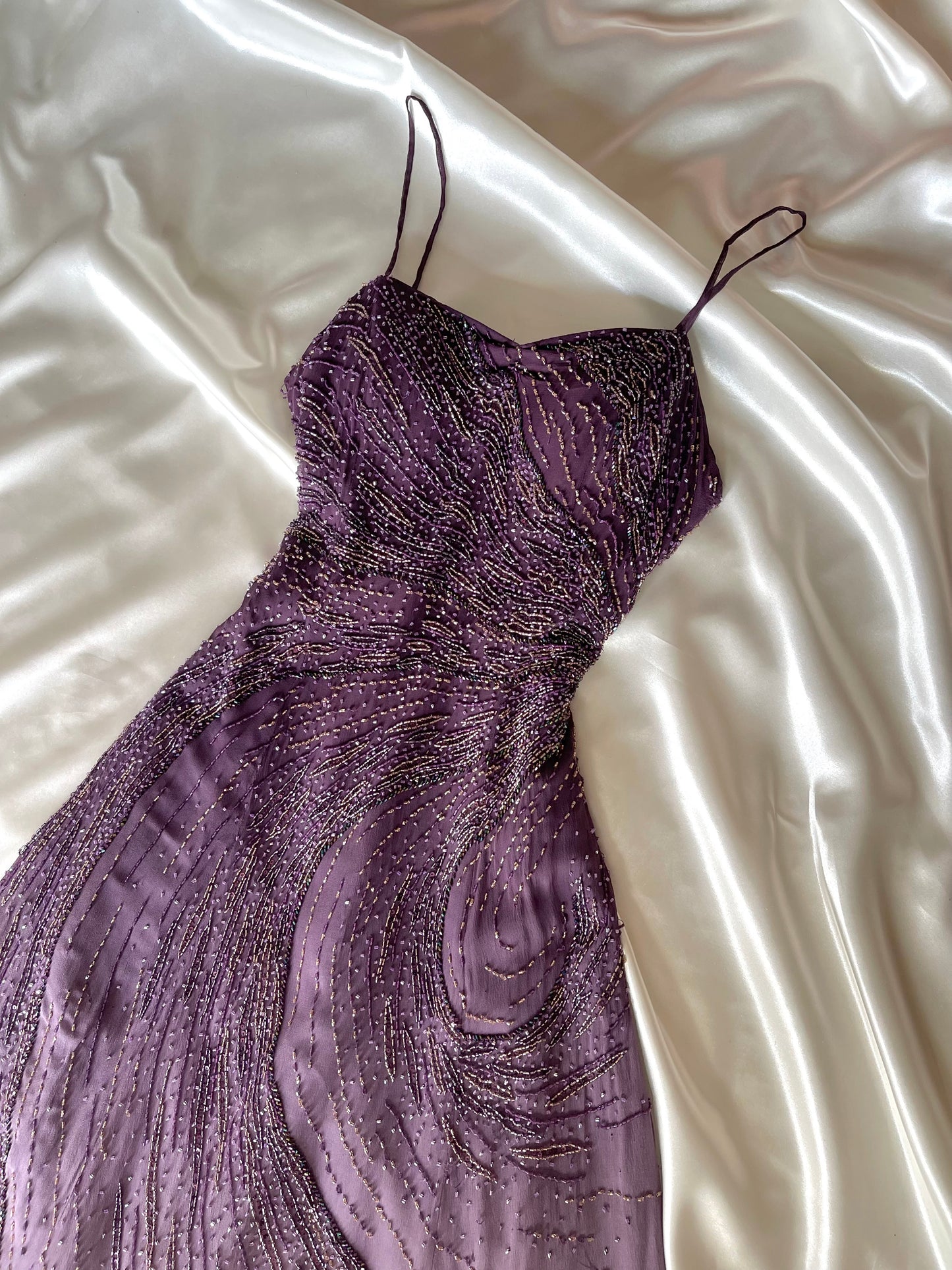 Vintage Long Purple Beaded Silk Dress