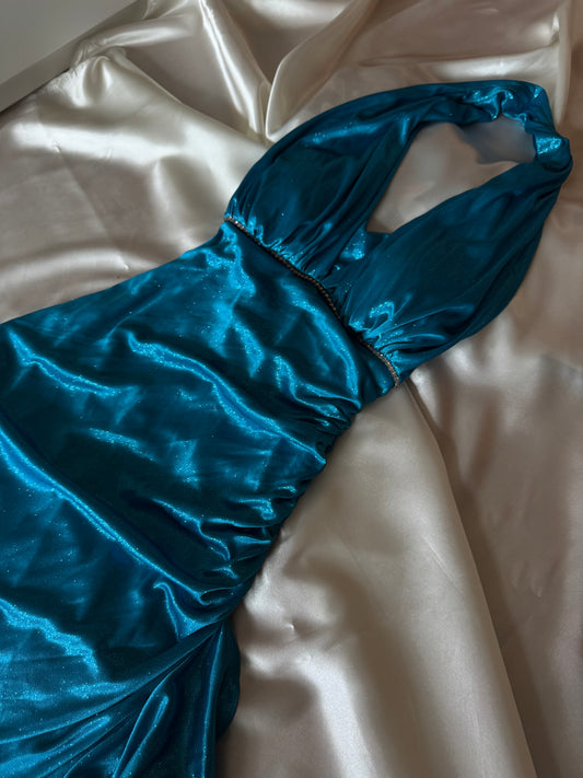 Sparkly Turquoise Blue Halter Neck Vintage Dress
