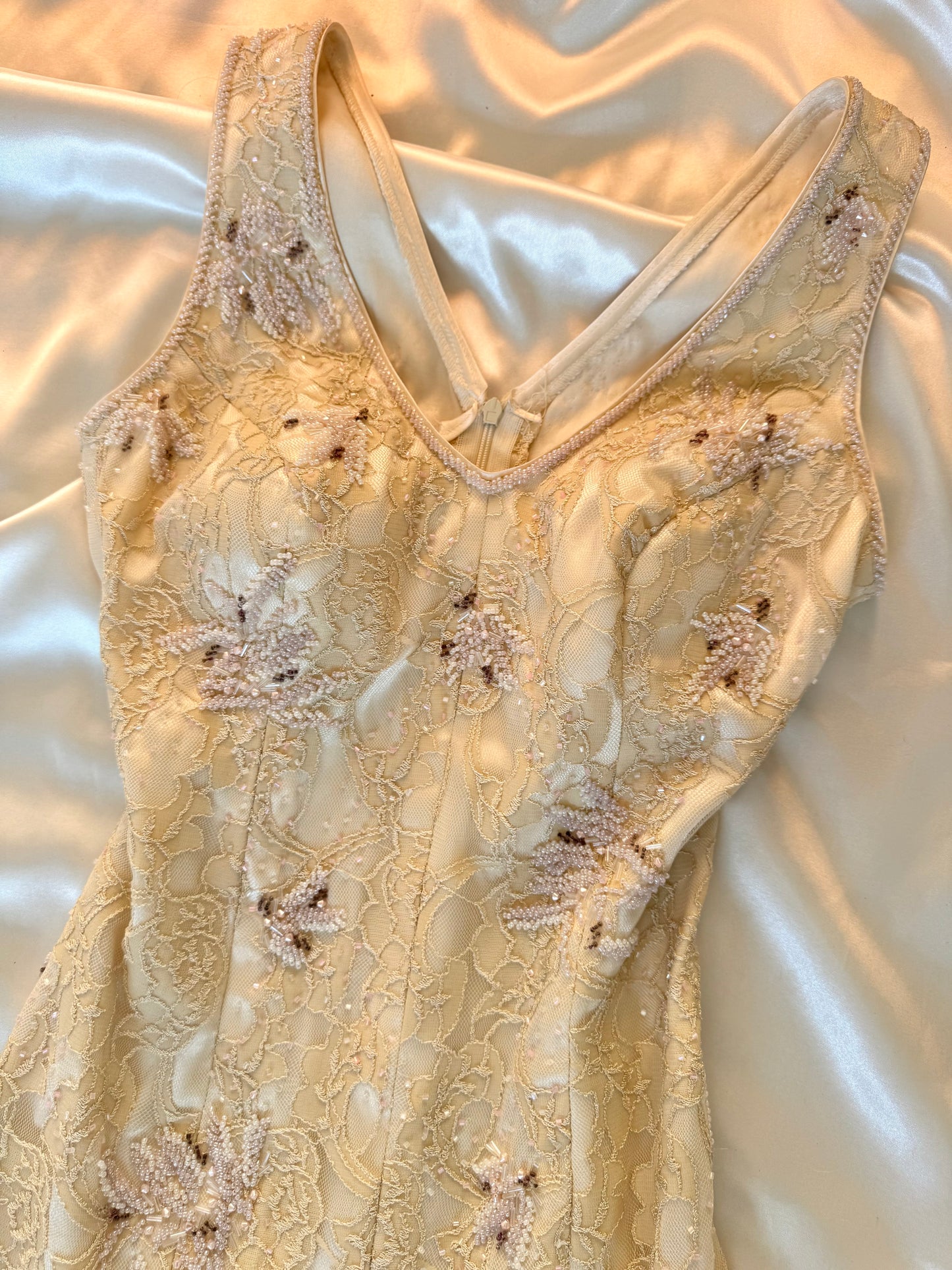 Cream Beaded Vintage Ruffle Dress