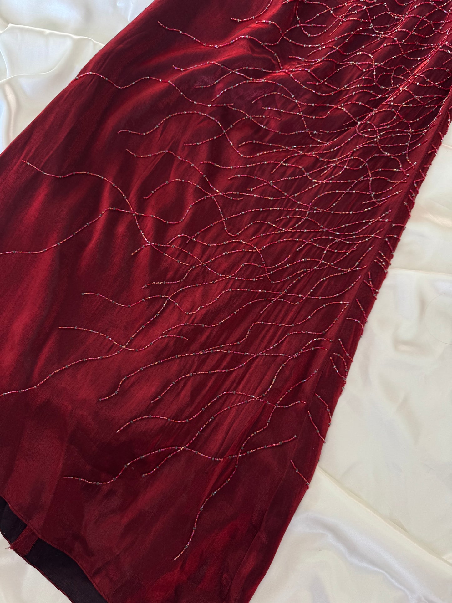 Red Flame Vampy Long Vintage Satin Beaded Gown