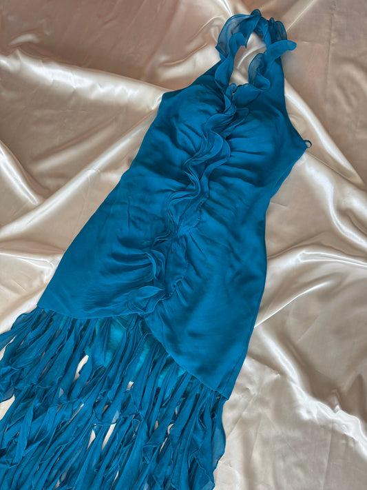 Enchanting Blue Silk Mermaid Ruffle Vintage Dress - REPAIR & RESTORE