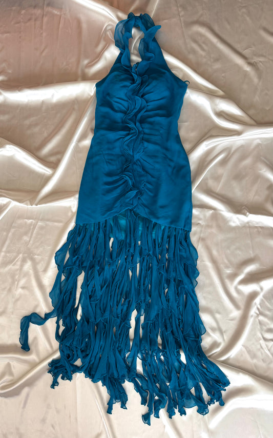 Enchanting Blue Silk Mermaid Ruffle Vintage Dress - REPAIR & RESTORE