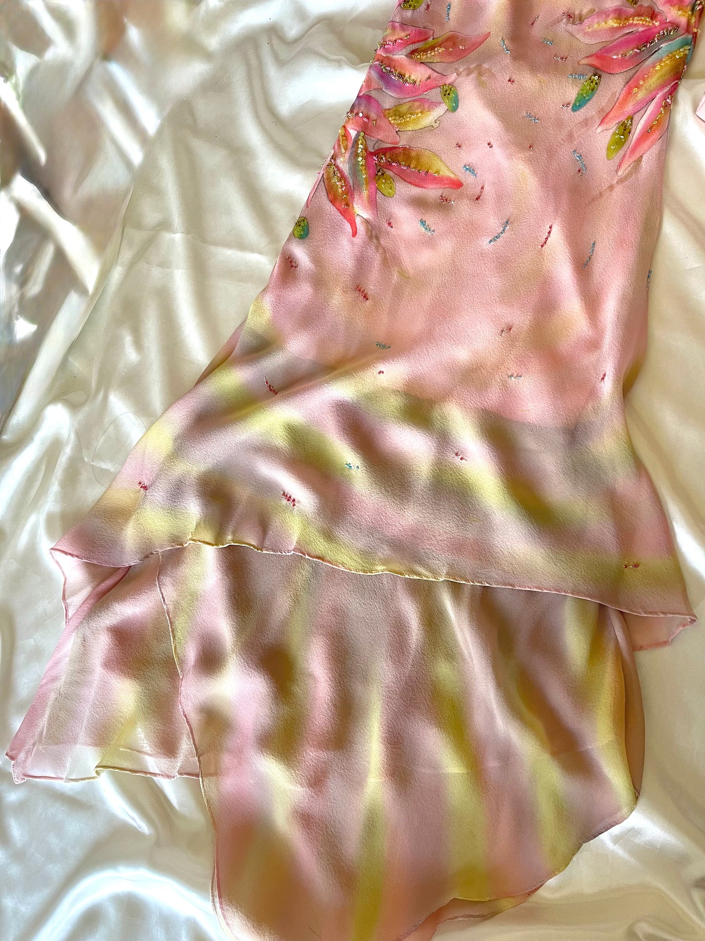 Spectacular Pink & Yellow Beaded Silk Dress