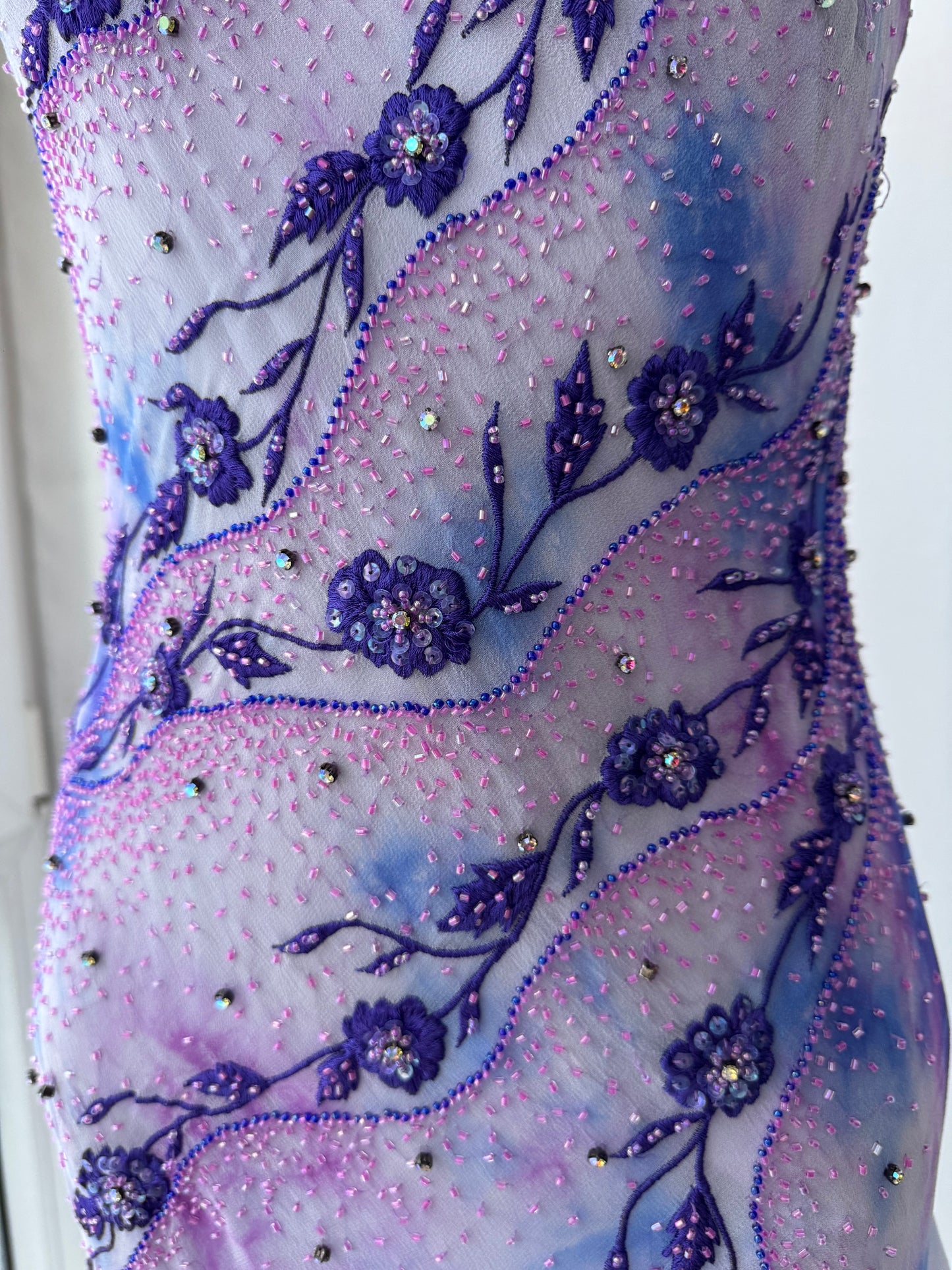 Vintage Frill Skirt Purple and White Beaded Silk Dress