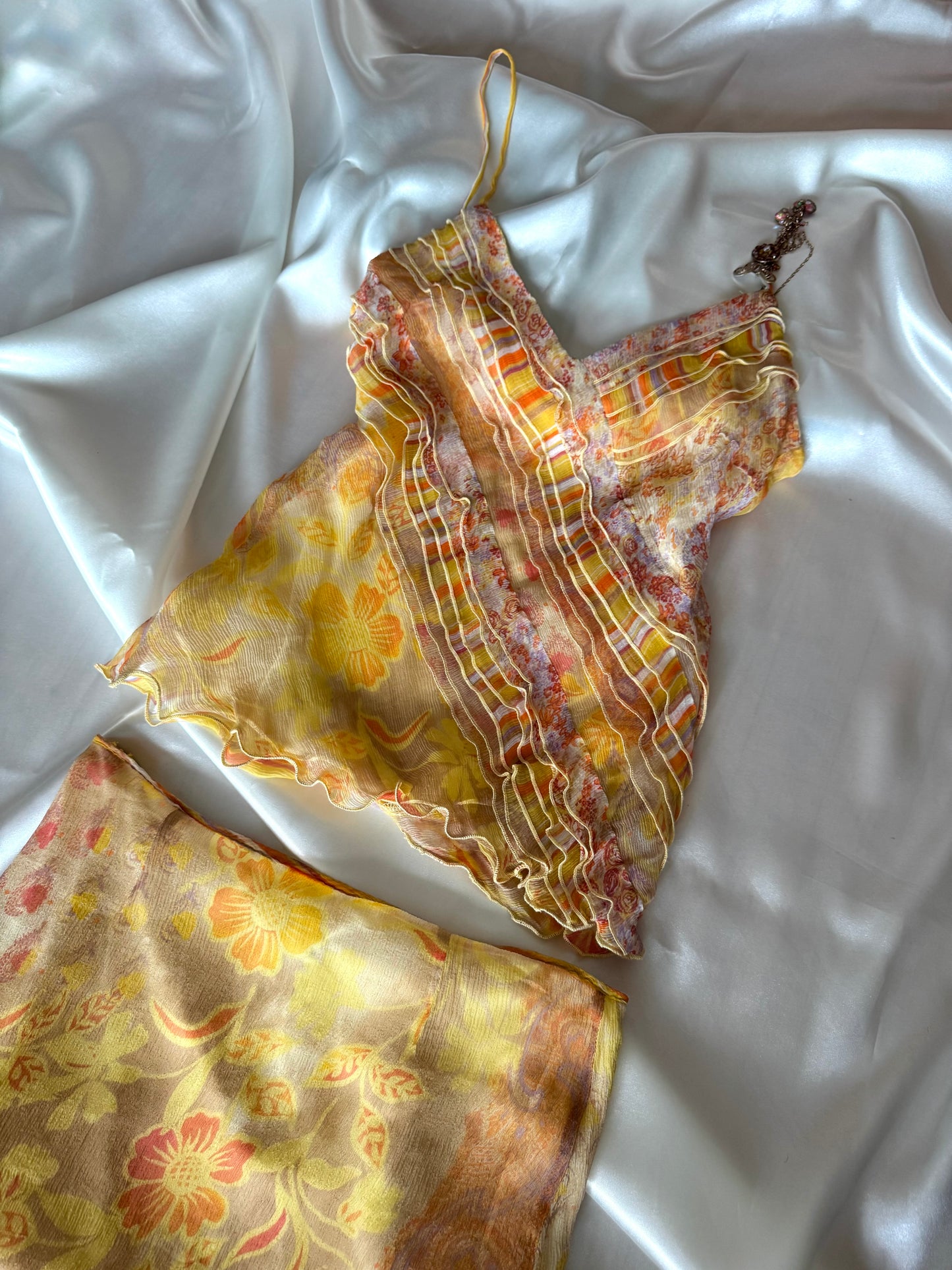 Vintage Yellow Floral & Striped Silk Skirt Set