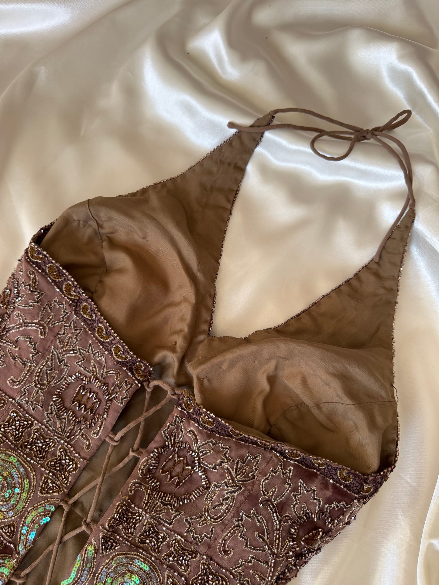 Brown Beaded Silk Vintage Top