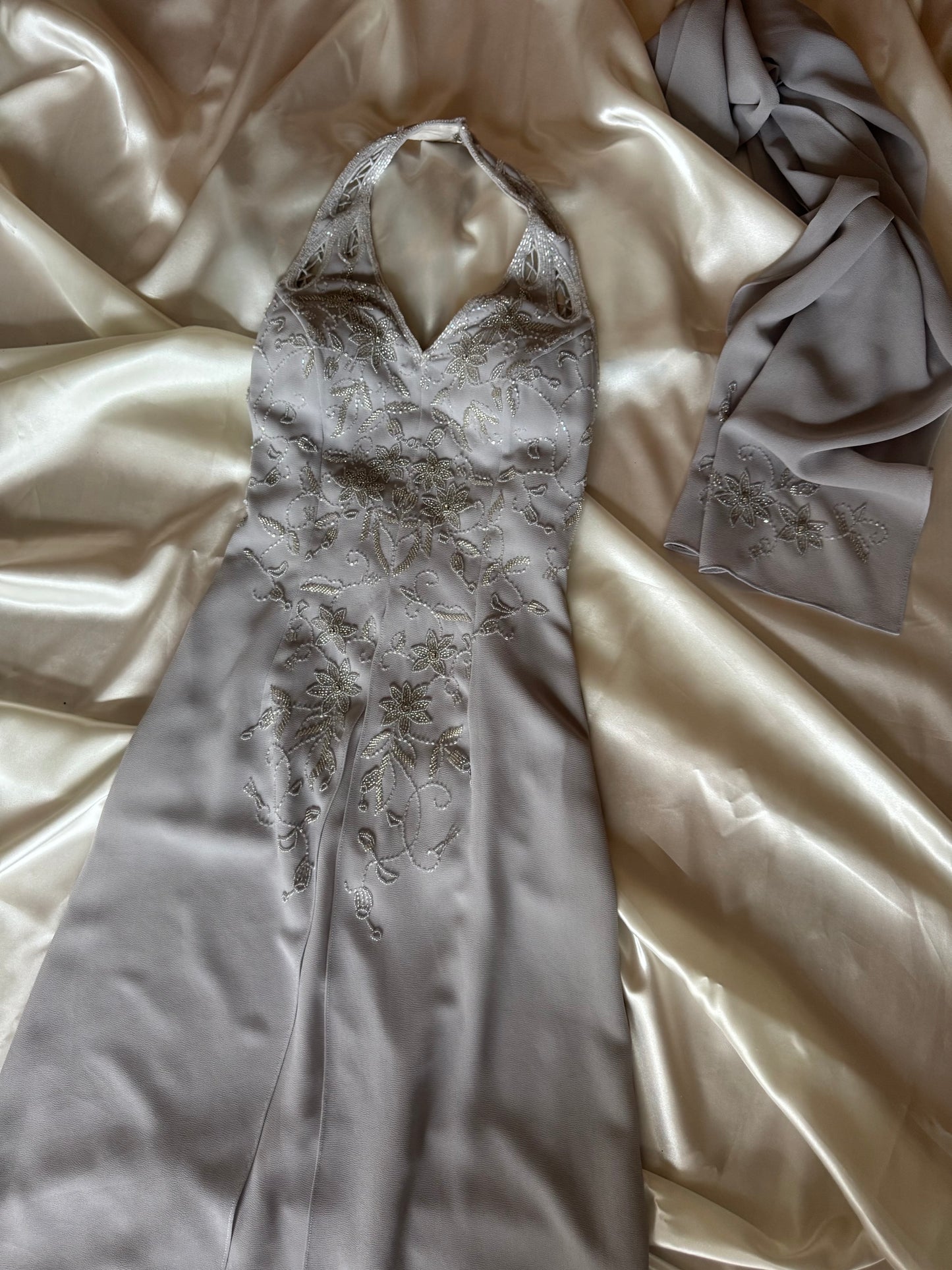 Gorgeous Gray Beaded Floral Vintage Royal Gown