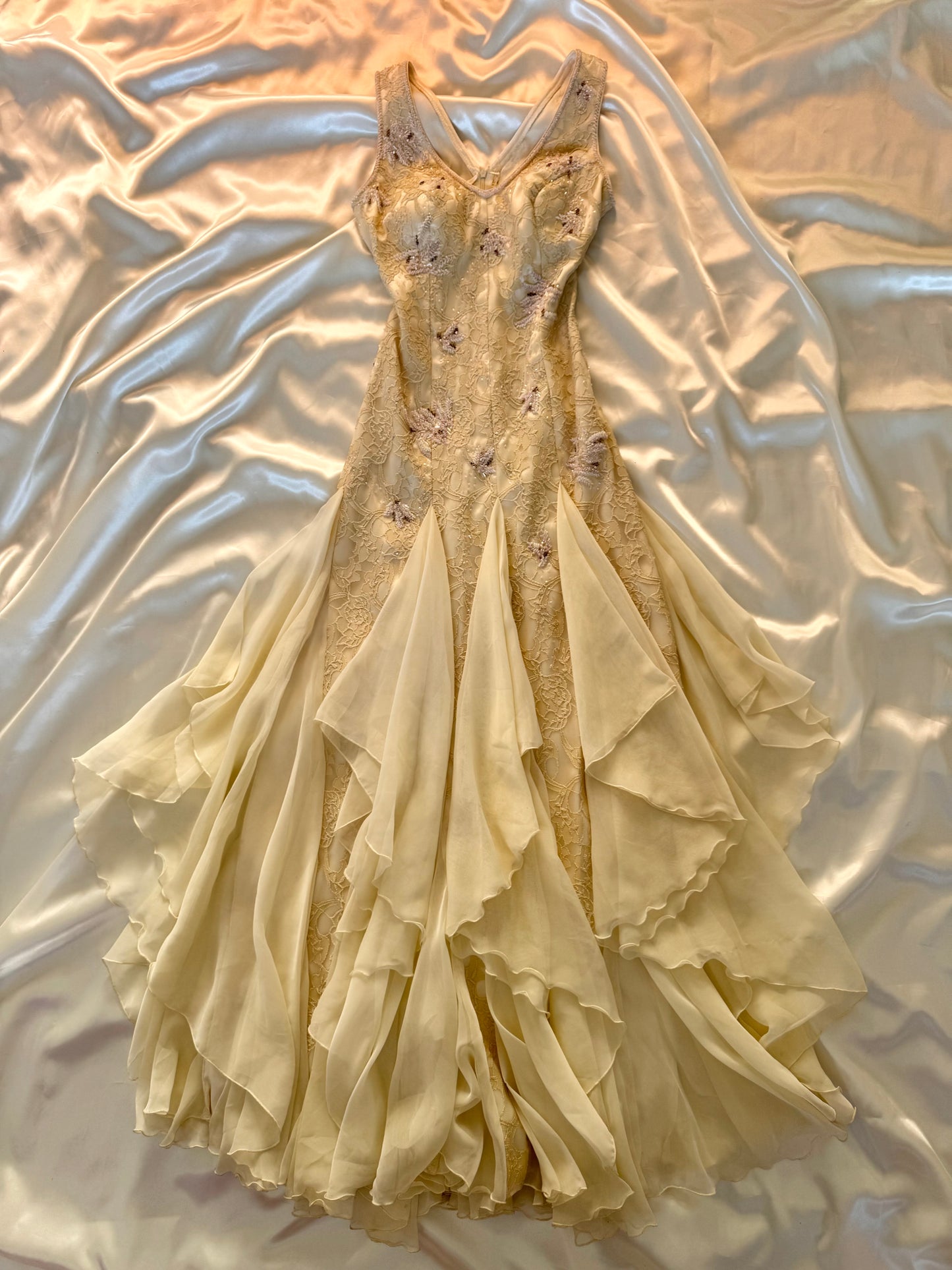 Cream Beaded Vintage Ruffle Dress