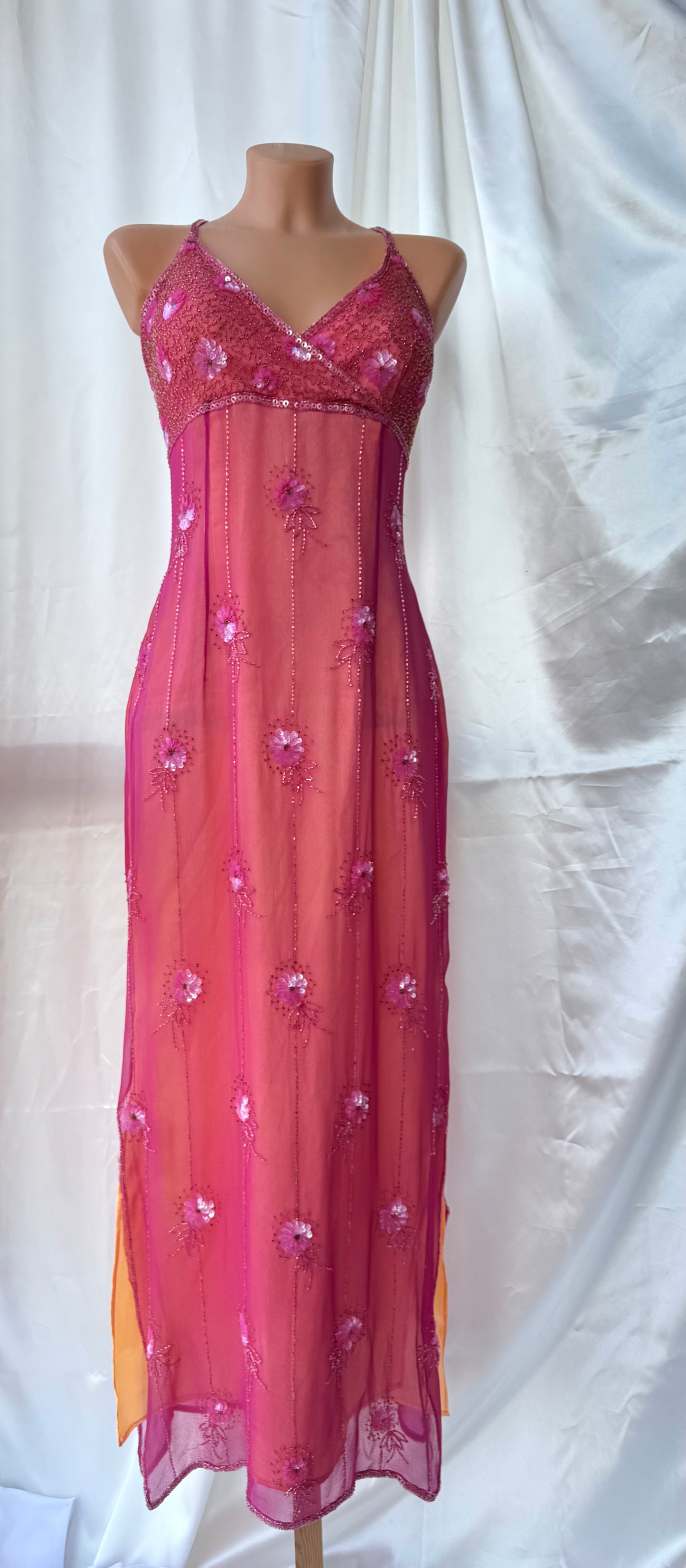 Stunning Beaded Vintage Pink Flower Silk Dress